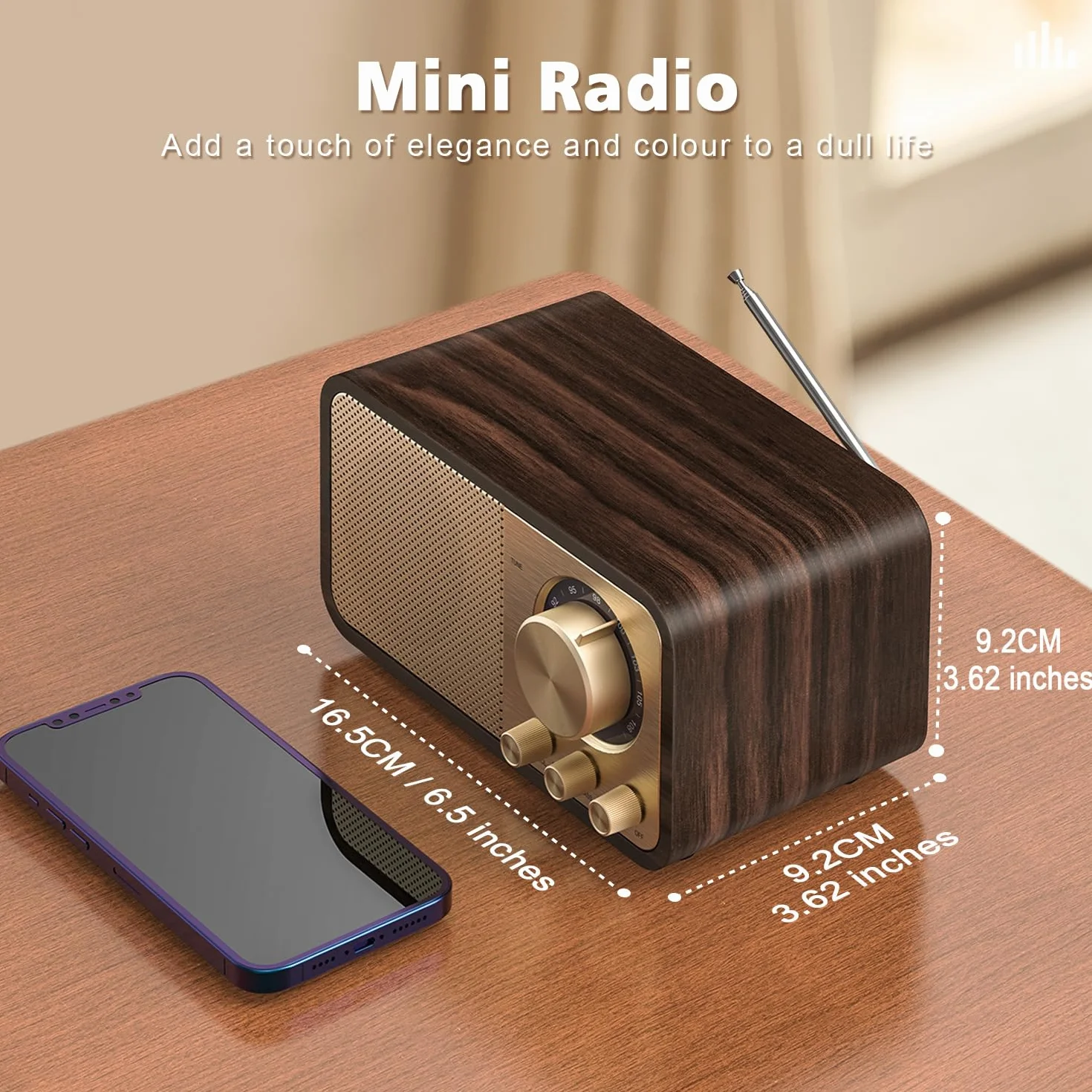 Tendak Radio FM retro Bluetooth z głośnikiem 5 W, akumulator 2000 mAh, karta TF, odtwarzacz MP3 USB, obsługa trybu AUX/bas