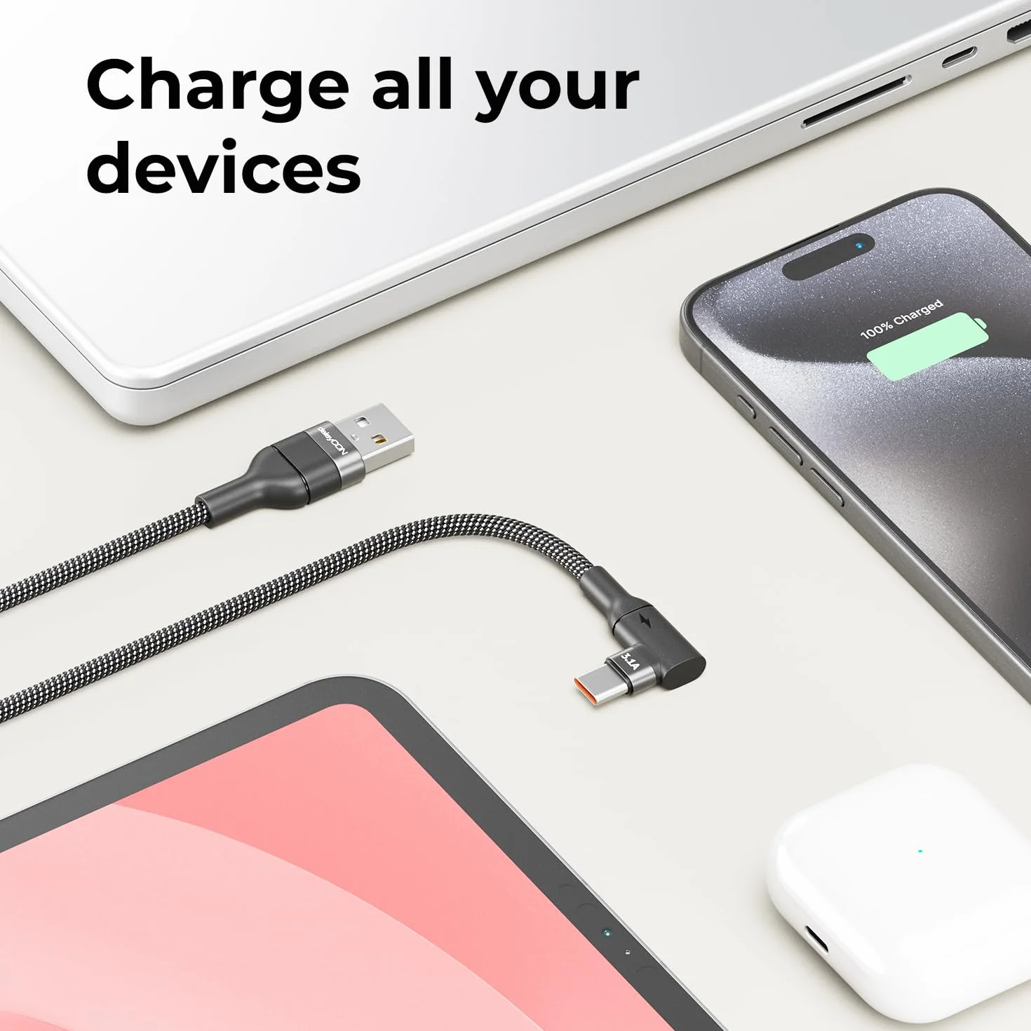 deleyCON 0,15m Kabel USB-C Kątowy 90° - Krótki Kabel ładujący i Danych USB-A do USB-C Pod Kątem do iPhone 17 16 15 Pro Max Air, Galaxy A16 A56 S25 S24 S23, Pixel, AirPods, Laptopa, PS5
