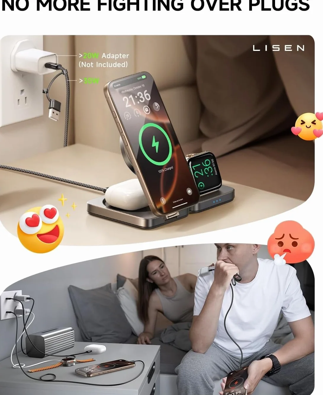 LISEN Do bezprzewodowej ładowarki 3 w 1 Apple Watch i iPhone do Apple 16 15 Max akcesoria AirPods 3 stacja ładująca do iPhone 16 15 Pro Max AirPods 4 3 Pro 2 Watch 10 9