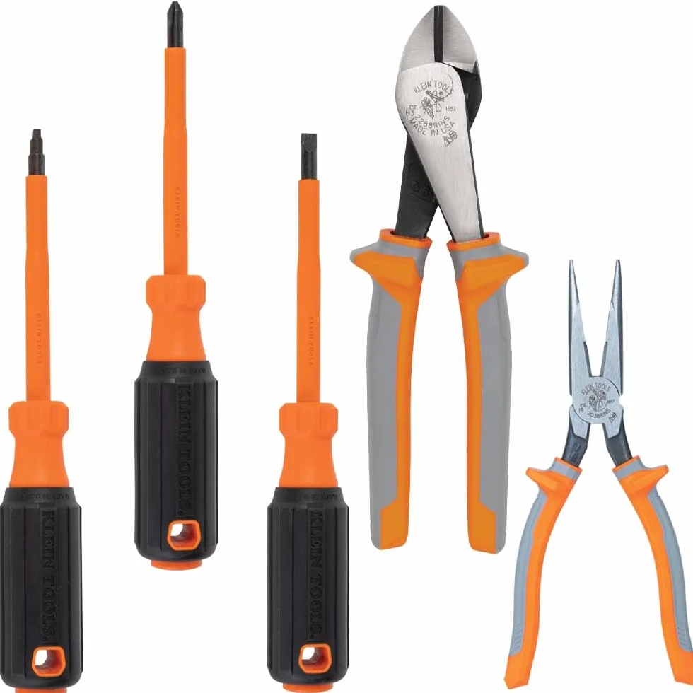 Klein Tools 9419R 1000V izolowany zestaw narzędzi z przecinakiem ukośnym, szczypcami z długim nosem i 3 śrubokrętami, 5-częściowy