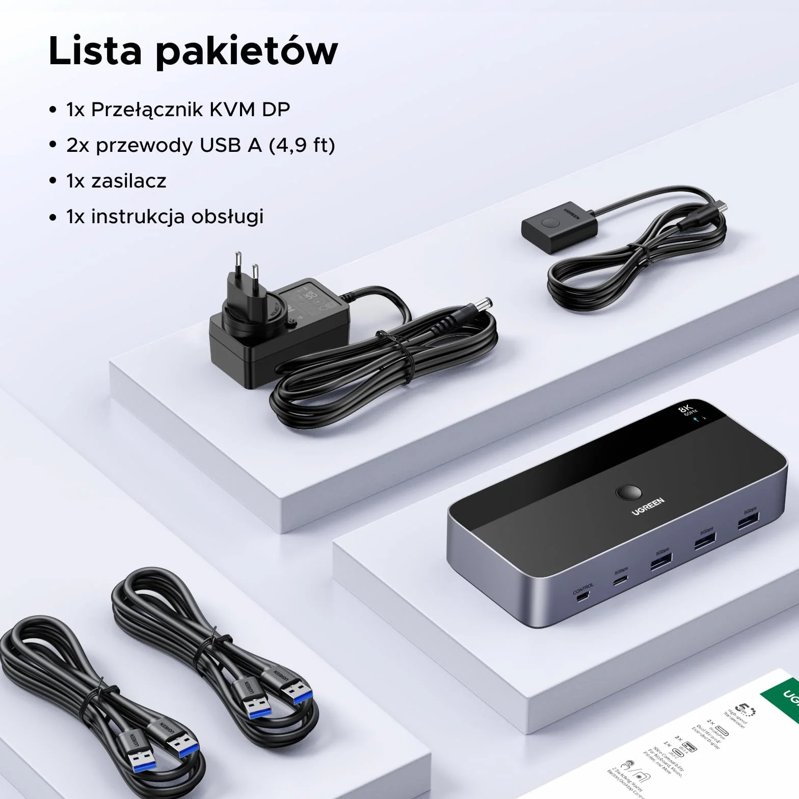 UGREEN KVM Switch 2 PC 2 Monitory 8K60Hz 4 porty USB 3.0 Przełącznik