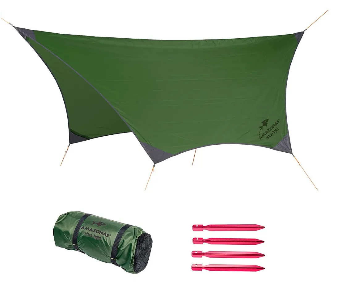 AMAZONAS - Traveller Tarp | ultralekka plandeka namiotowa do hamaków. Wodoodporna, wytrzymała plandeka kempingowa z nylonu ripstop | wymiary 3,40 m x 2,80 m; wymiary opakowania 25 cm x 10 cm; waga 0,8