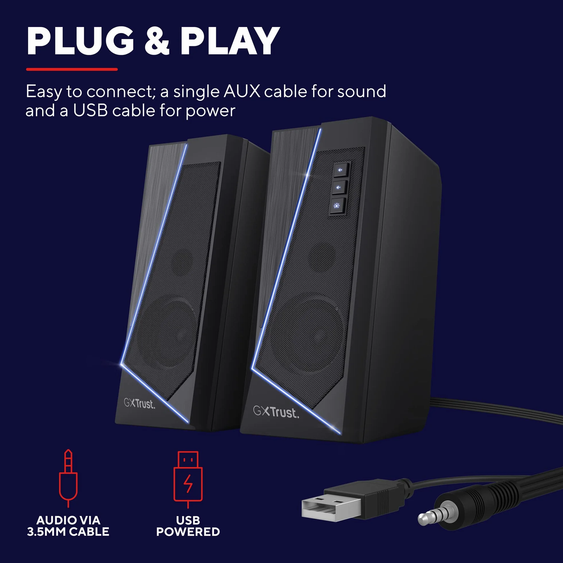 Trust Gaming GXT 609 Zoxa 2.0 głośniki PC stereo, moc szczytowa 12 W, zestaw podświetlanych głośników RGB, system dźwiękowy zasilany przez USB, 3,5 mm Aux, regulacja głośności, do PC i laptopa, czarny