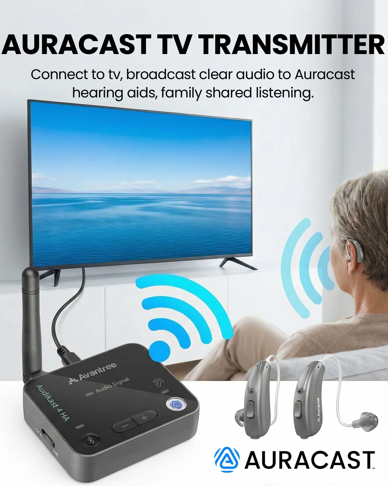 Avantree Audikast 4HA Auracast nadajnik i streamer telewizyjny do wybranych urządzeń audio Auracast, osobiste słuchanie telewizji na własną głośność, optyczne i AUX, przyszłościowe i możliwość