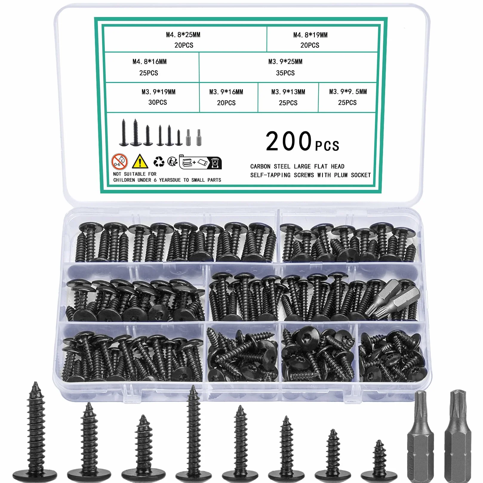 200 sztuk Wkręty M4.8 M3.9 do blachy, Wkręty samowiercące, Czarne, Wkręty do karoserii, Zestaw wkrętów do drewna Torx, Wkręty z płaskim czołem, Wkręty z łbem tarczowym z zestawem wkrętów Torx (Czarne