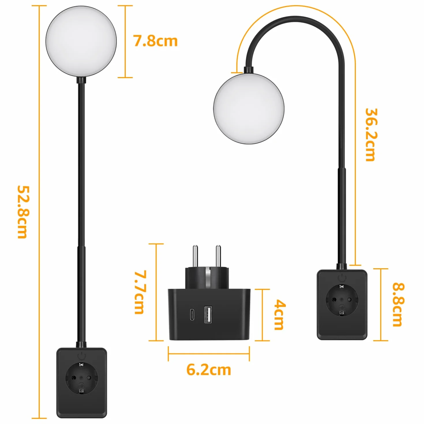 Aigostar Lampka do Czytania LED do Kontaktu - Kinkiet z Gniazdem Elektrycznym 230V, Porty USB A i Typu C, Sterowanie Dotykowe, 3 Barwy Światła, Elastyczne Ramię 360°, do Sypialni, Czarny