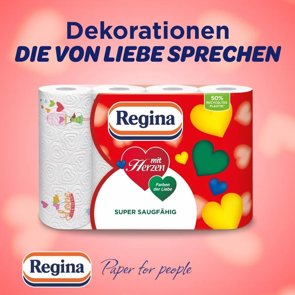 Regina Chusty domowe z serduszkami, 3-warstwowe, 32 opakowania w rolkach (8 x 4 opakowania pojedyncze) | 43 arkusze w rolce | super chłonne, grube, odporne | papier z certyfikatem FSC