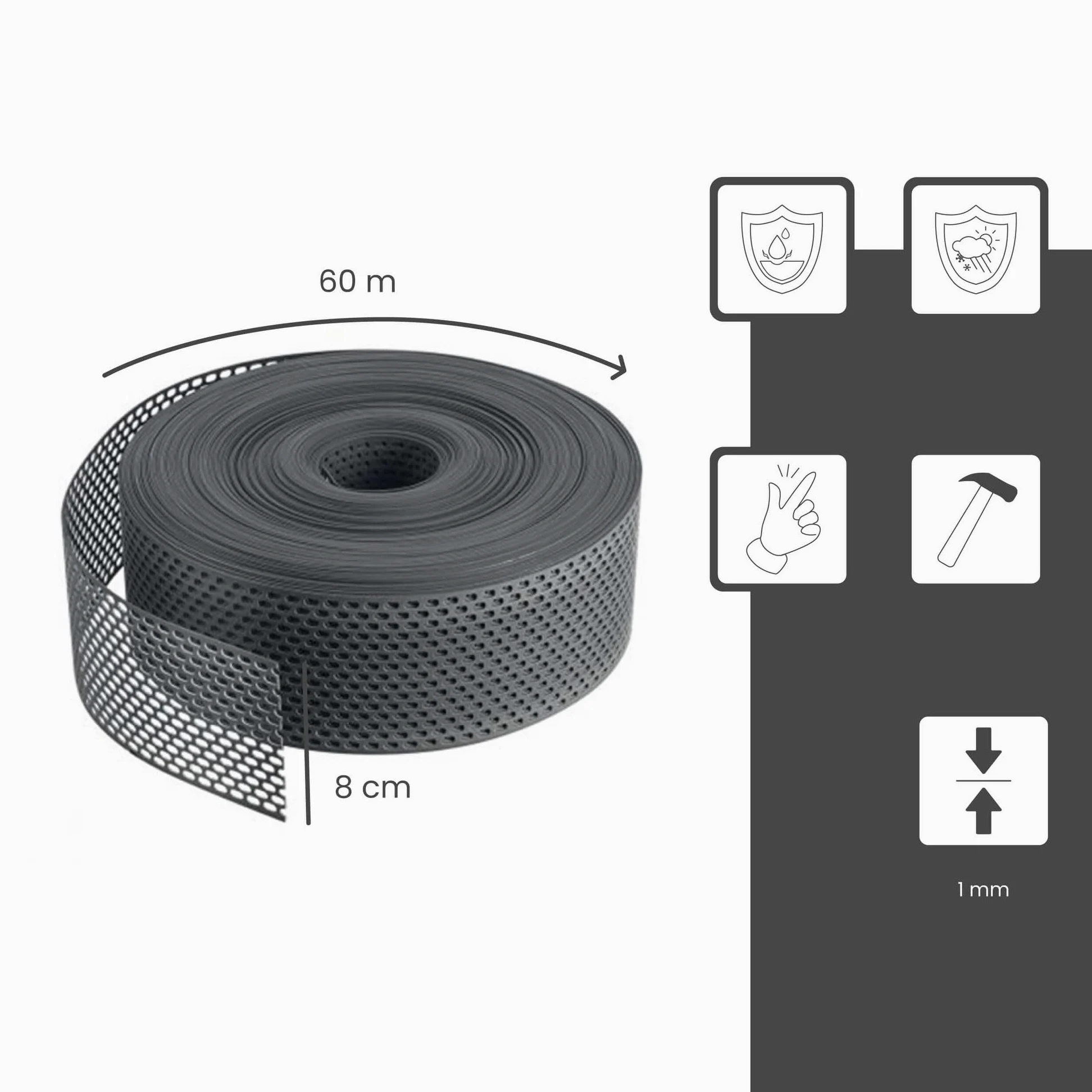 Kratka okapowa 60m x 80mm Czarna Kratka okapowa z PVC, owalna perforacja, listwa wentylacyjna dla optymalnej wentylacji elewacji i dachu