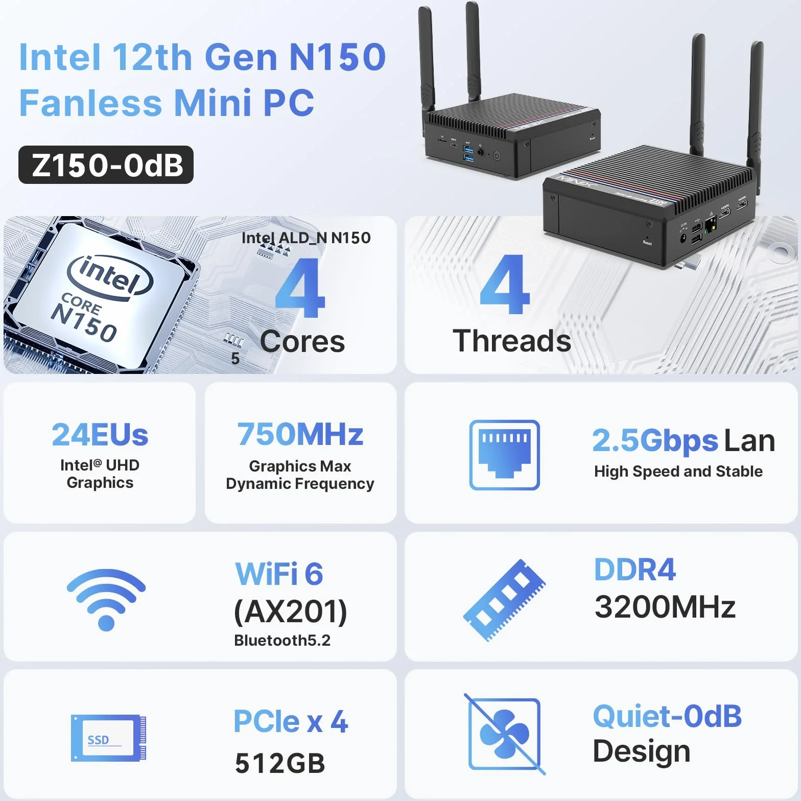 MINIX Z150-0dB Fanless Mini PC Intel N150 16GB DDR4 512GB SSD 4K Dual Display 2.5G LAN USB-C Vesa Mount