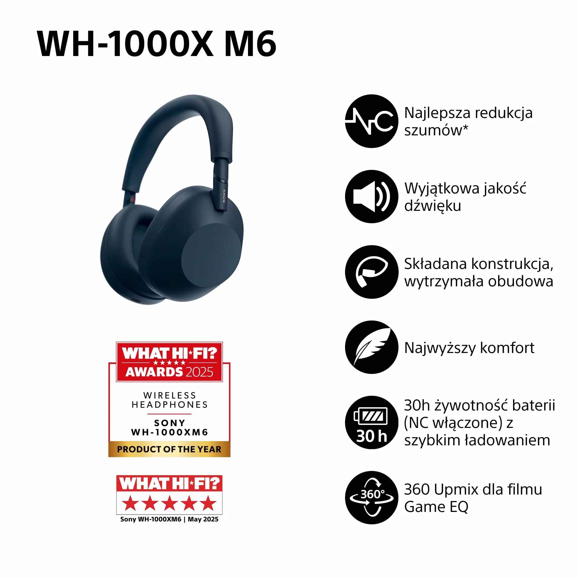 SONY WH-1000XM6 Flagowe bezprzewodowe słuchawki nauszne z redukcją szumów, wyjątkowy dźwięk Hi-Res, najwyższy komfort, składana konstrukcja, wytrzymałe etui, akumulator 30 HR, iOS i Android -granatowe