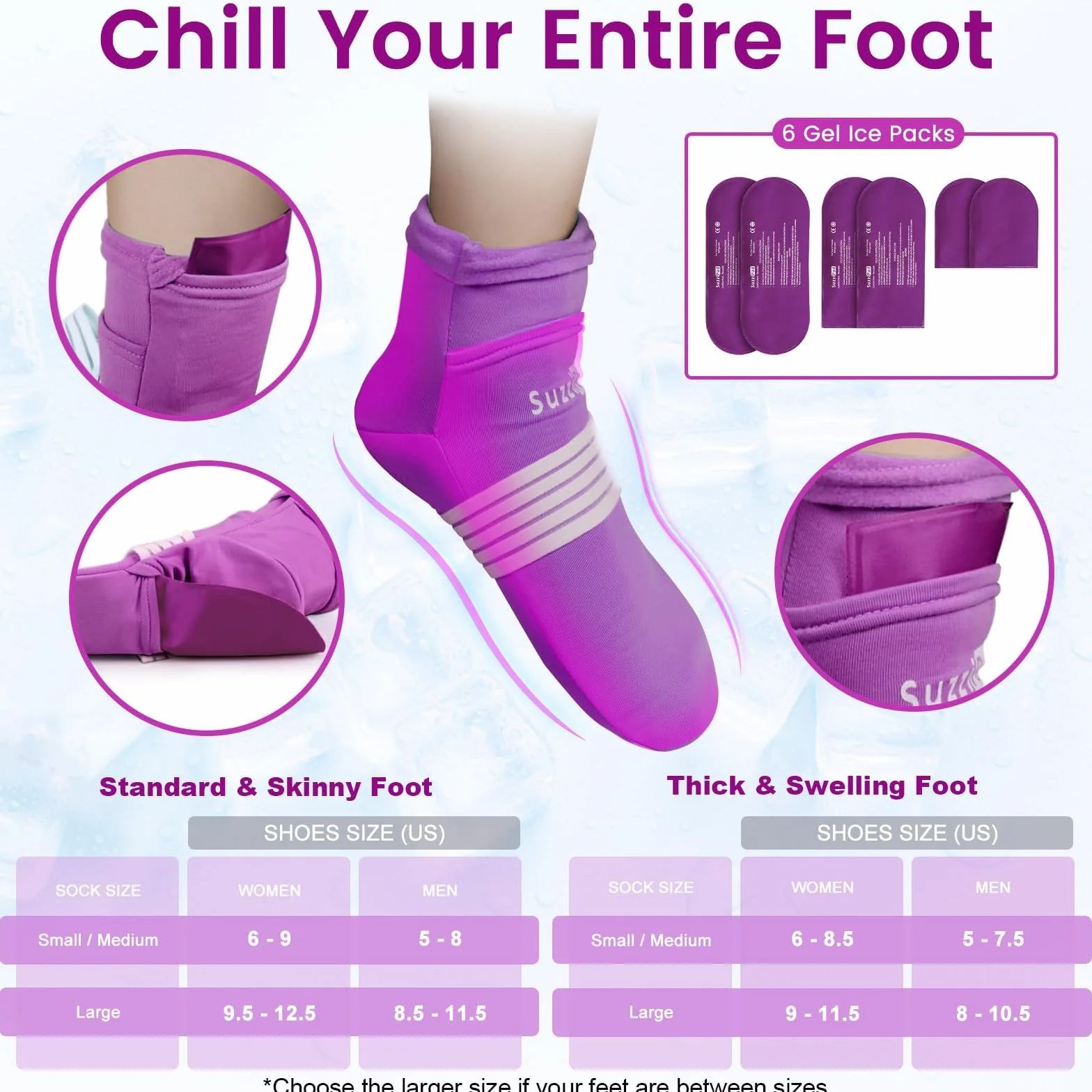 SuzziPad Foot Ice Pack Zimne skarpety i zimne rękawiczki do chemioterapii neuropatii, artykuły komfortowe dla pacjentów po chemioterapii, ulga w neuropatii, terapia zimnem rąk, terapia zimnem stóp, L,