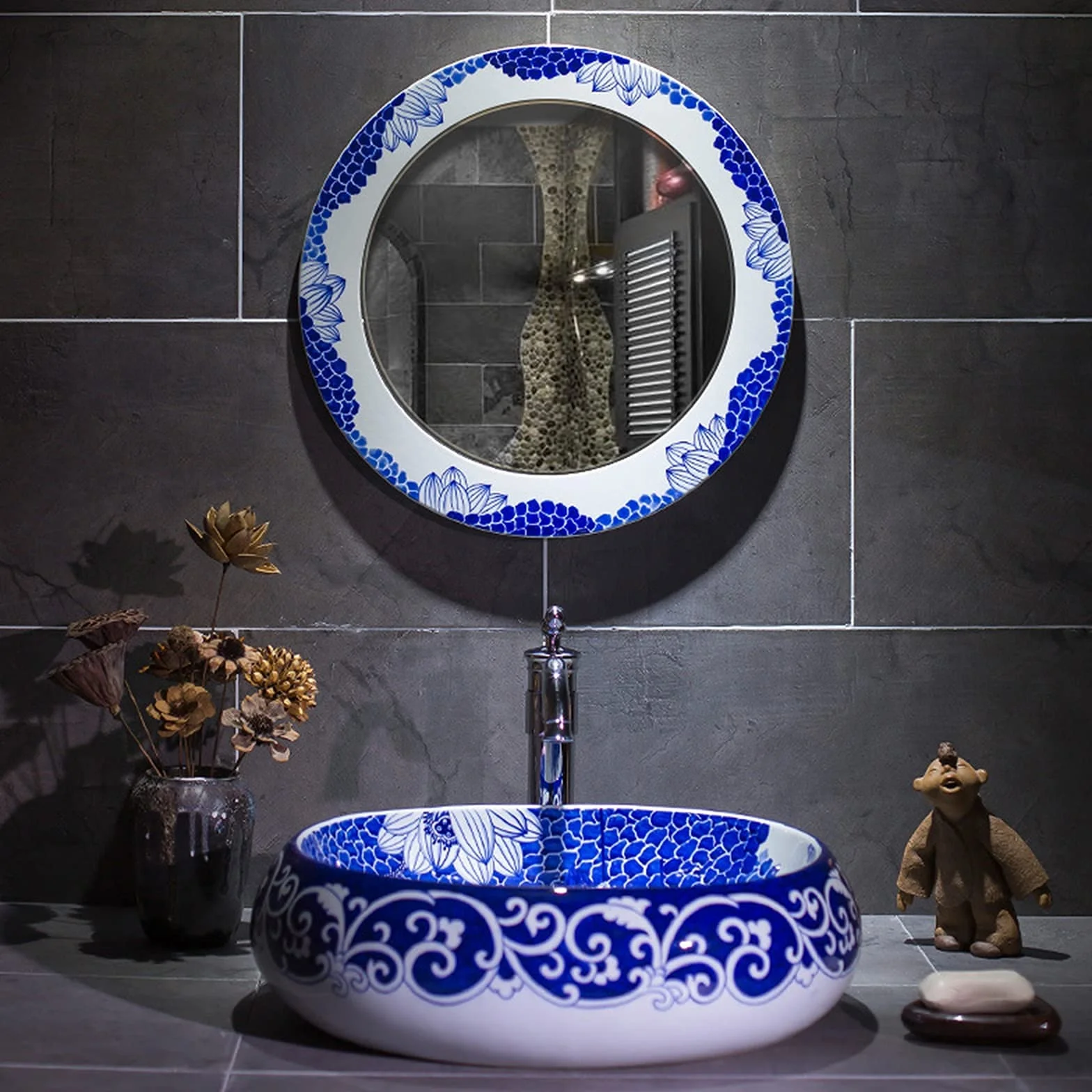 Umywalka nablatowa, umywalka ceramiczna, ręcznie malowana, okrągła umywalka nablatowa, nowoczesna miska łazienkowa nadblatowa, do przebudowy wanny, 50x41x15cm