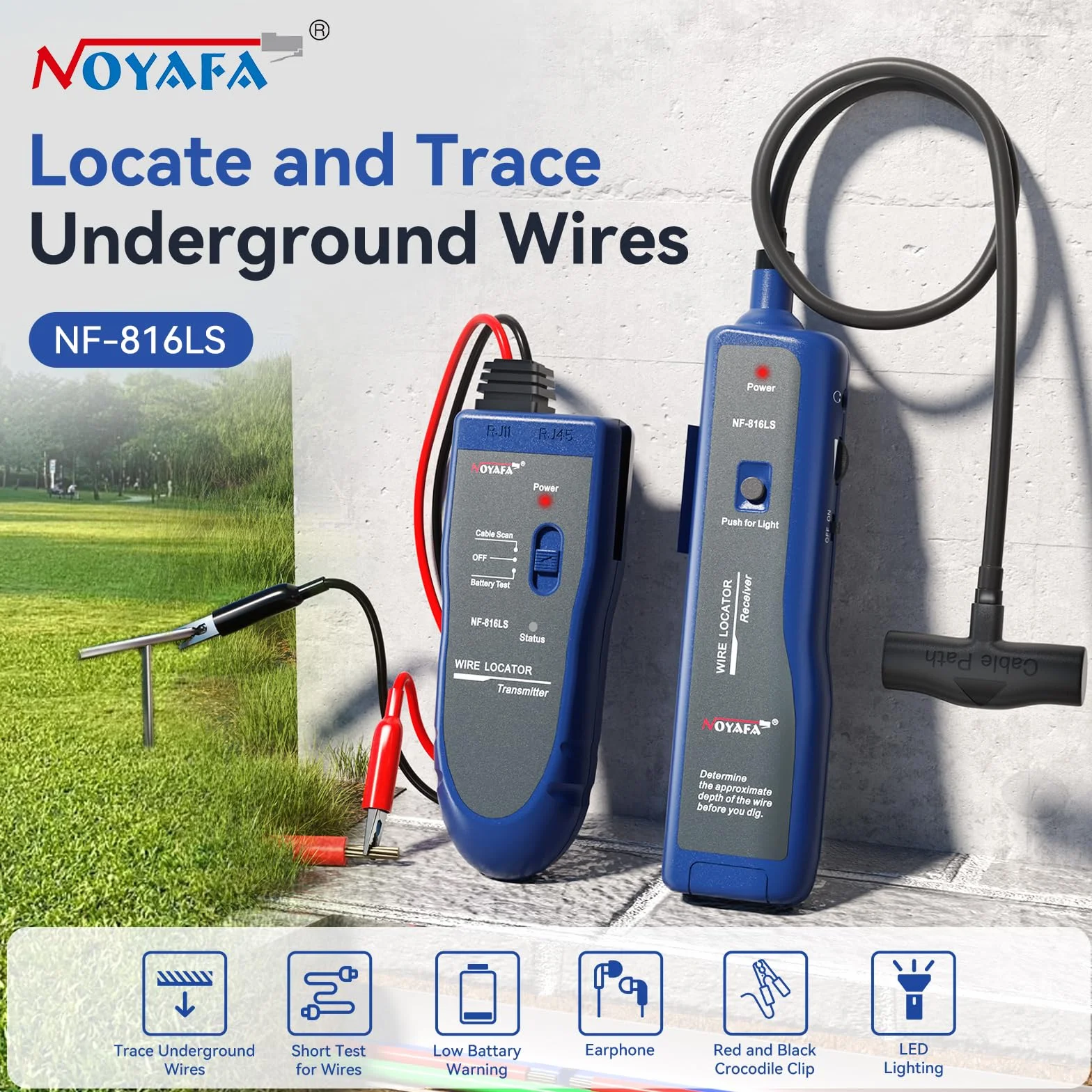 NOYAFA NF-816LS podziemny poszukiwacz kabli – lokalizator kabli do ogrodzenia zwierząt domowych, prądu, sieci i kabla nawadniającego, akumulator litowy do ponownego ładowania, latarka LED, wykrywanie