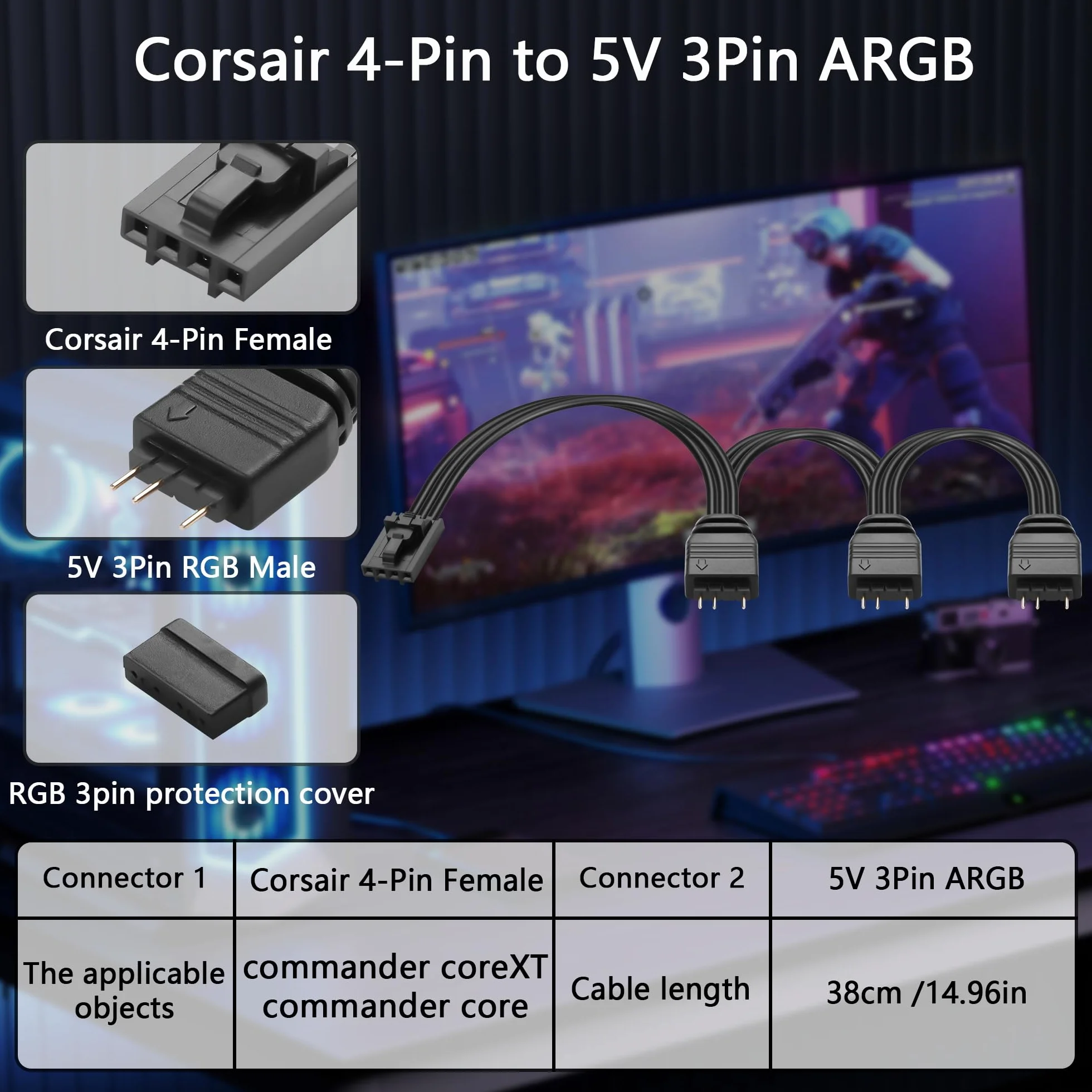 GINTOOYUN 2 x RGB Fan Splitter Cable 4-pinowy sterownik żeński do 3 5 V 3-pinowy konwerter RGB męski kabel 1 na 3 kable argb rozdzielacz do sterowania corext i inne (1 do 3)