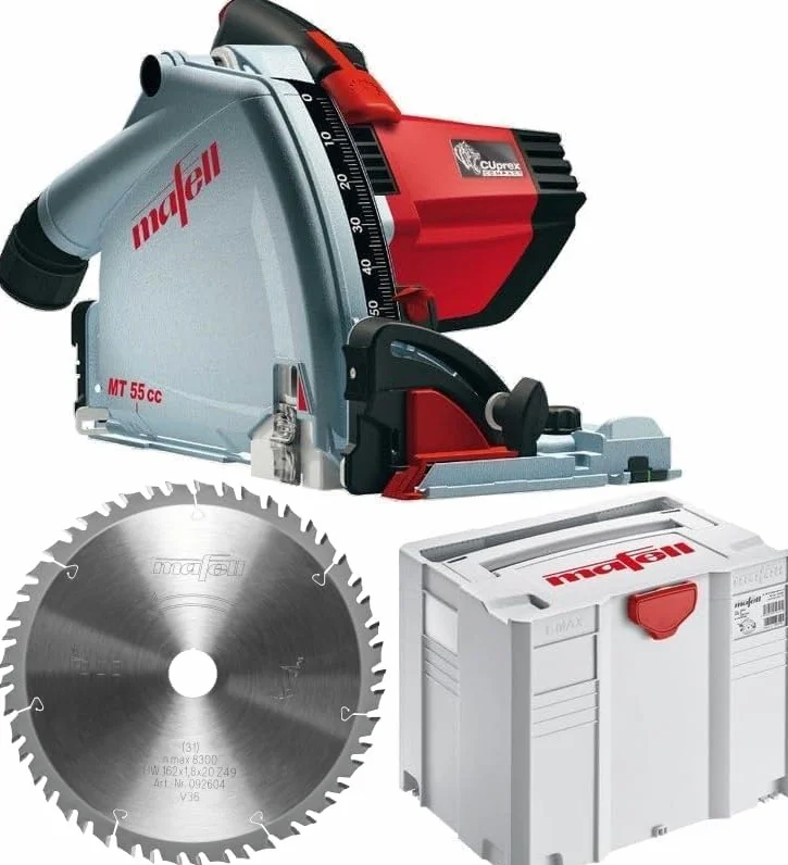 MAFELL Zagłębiarka MT 55 cc MidiMAX FAN Edition (silnik CUprex o wysokiej wydajności 1400 W, głębokość cięcia 57 mm w walizce transportowej T-Max, w zestawie brzeszczot zapasowy) 917609