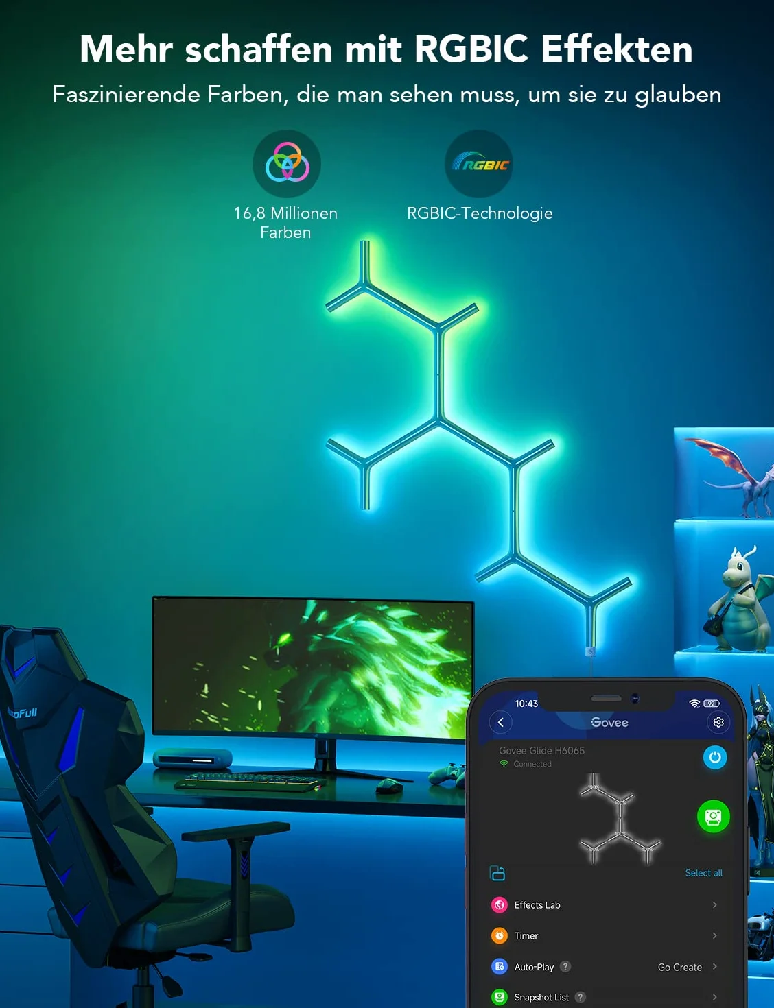Govee Glide Y Lights, RGBIC LED Gaming Lights, Smart Home DIY kreatywne oświetlenie dekoracyjne z synchronizacją muzyki i 40+ trybów scenerii, lampy ścienne Wi-Fi do salonu, sypialni, 7 sztuk w