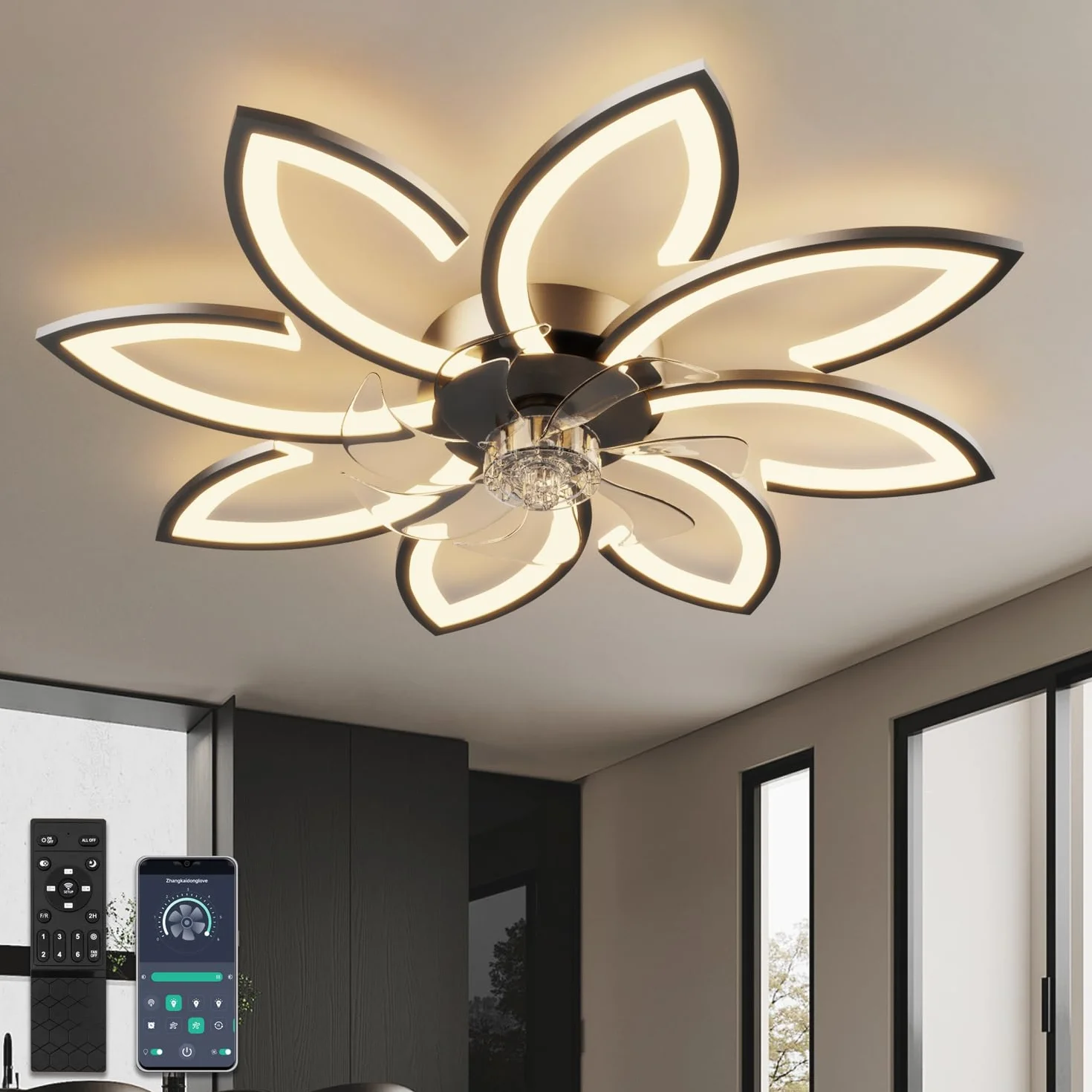 Wentylator sufitowy z oświetleniem LED, 90 cm, bardzo cichy, do salonu, ściemniana, nowoczesny silnik DC, na lato i zimę, do sypialni, kuchni