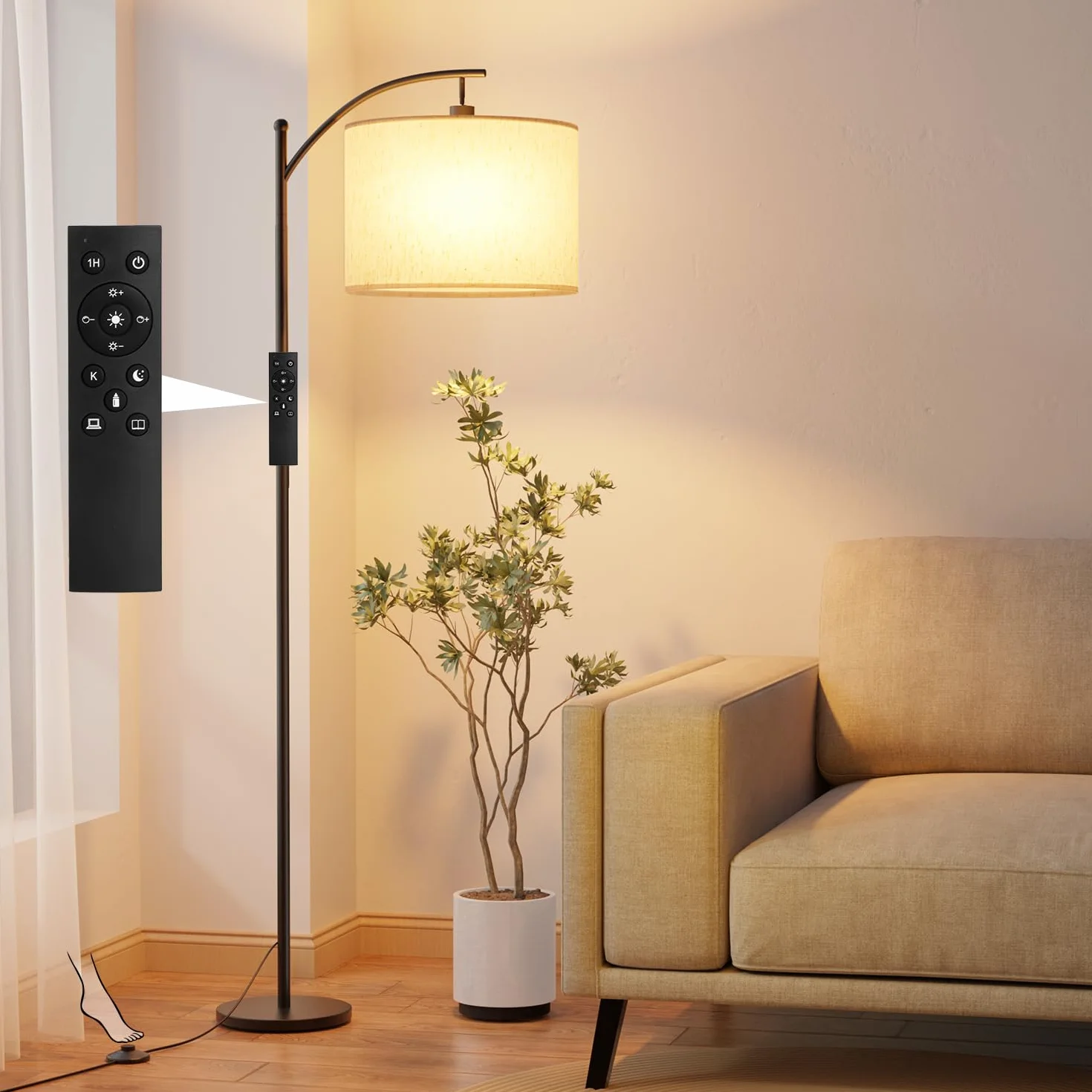 GLUROO Lampa Podłogowa do Salonu z Pilotem, Nowoczesna Lampa Stojąca z 3 Zmianami Kolorów, Płynna Jasność, Wysoka Lampa do Czytania z Włącznikiem Nożnym do Sypialni