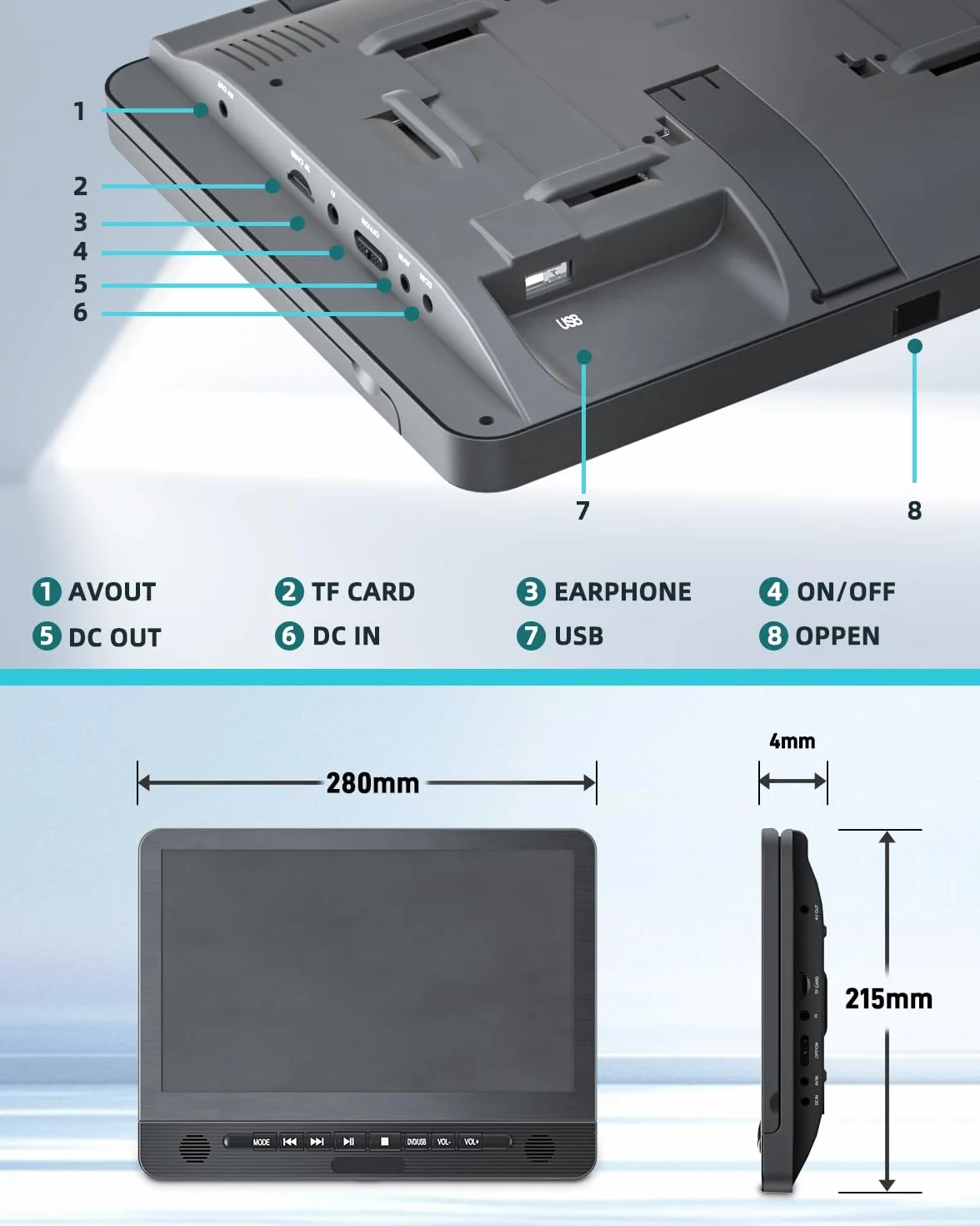 DESOBRY 12.5'' Samochodowy odtwarzacz DVD 2-ekran z akumulatorką 5h, USB AV In/Out 12V