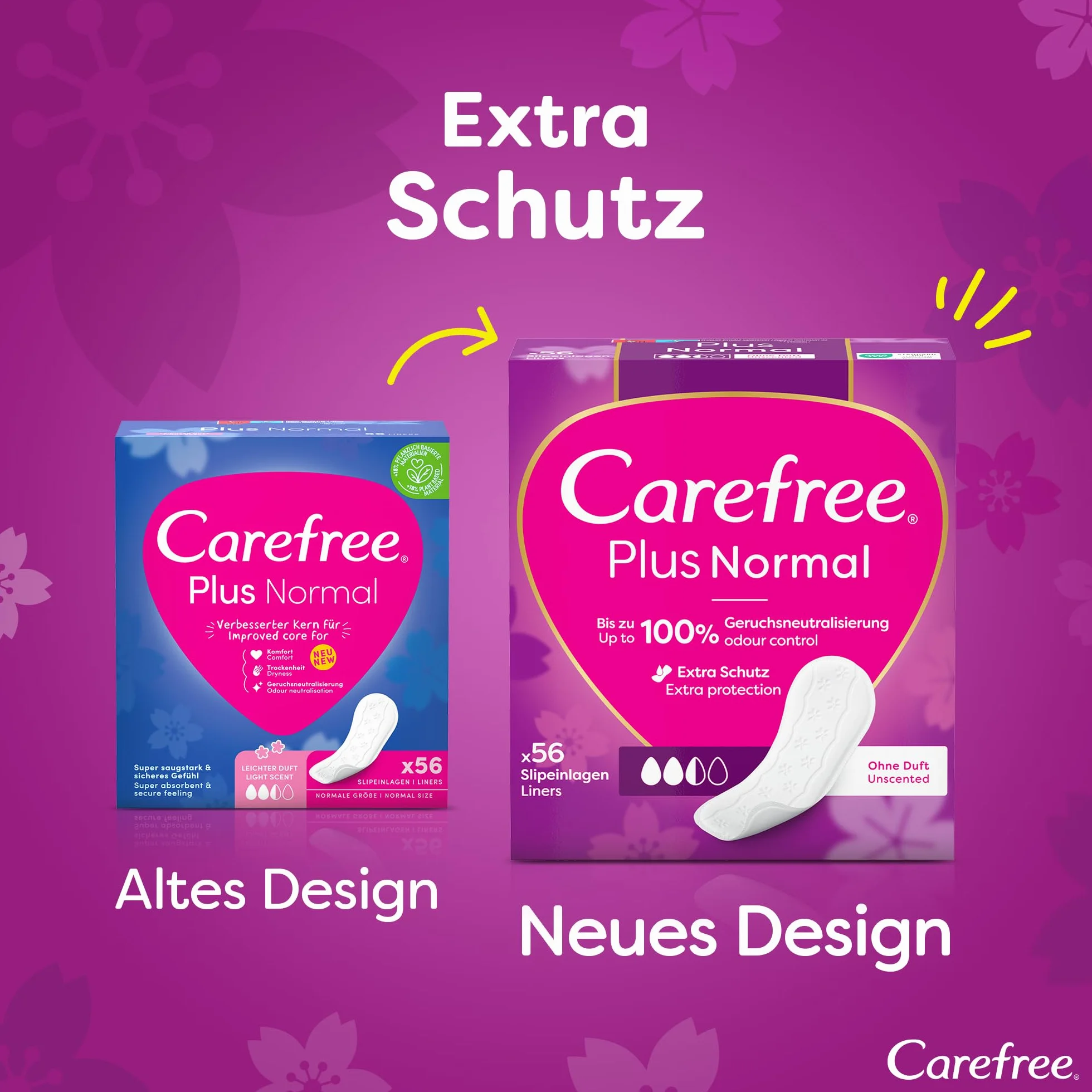 Carefree 56 x plus normalne wkładki o lekkim zapachu, bardzo chłonne, aby natychmiast zablokować płyny, normalny rozmiar