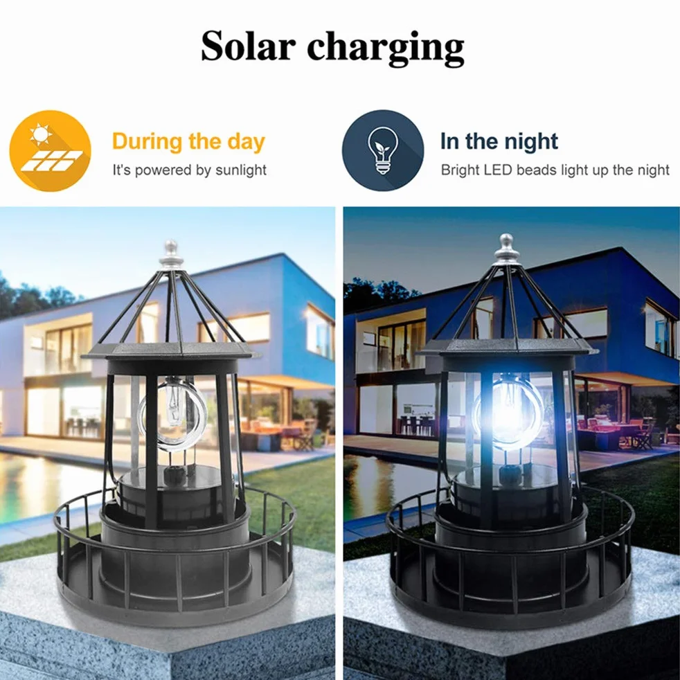 Solarna Obrotowa Latarnia Morska na Zewnątrz Latarnia Dekoracyjna do Ogrodu (Czarny)
