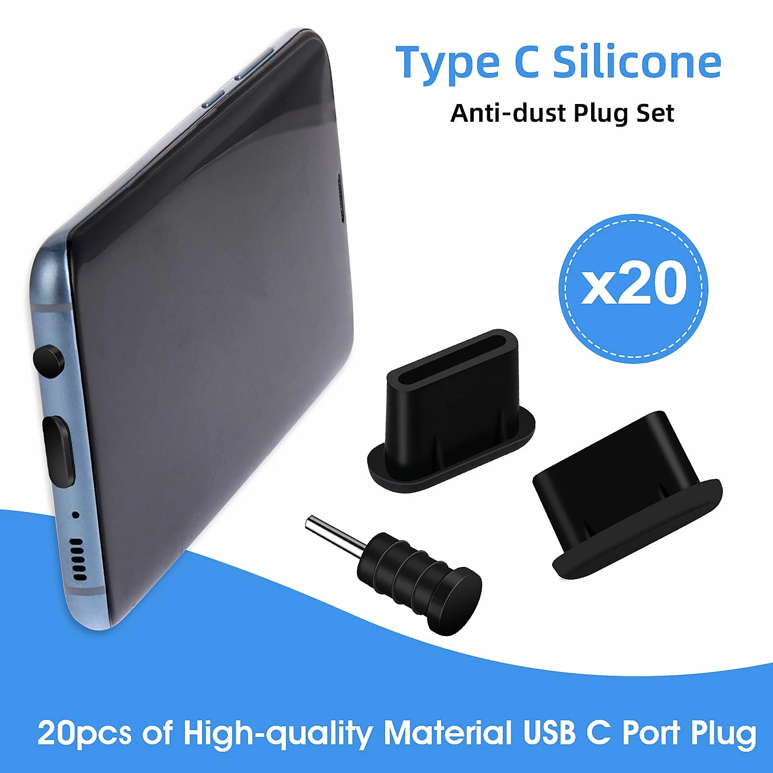 Giantree Zestaw wtyczek przeciwpyłowych USB C silikonowy czarny 20 szt.