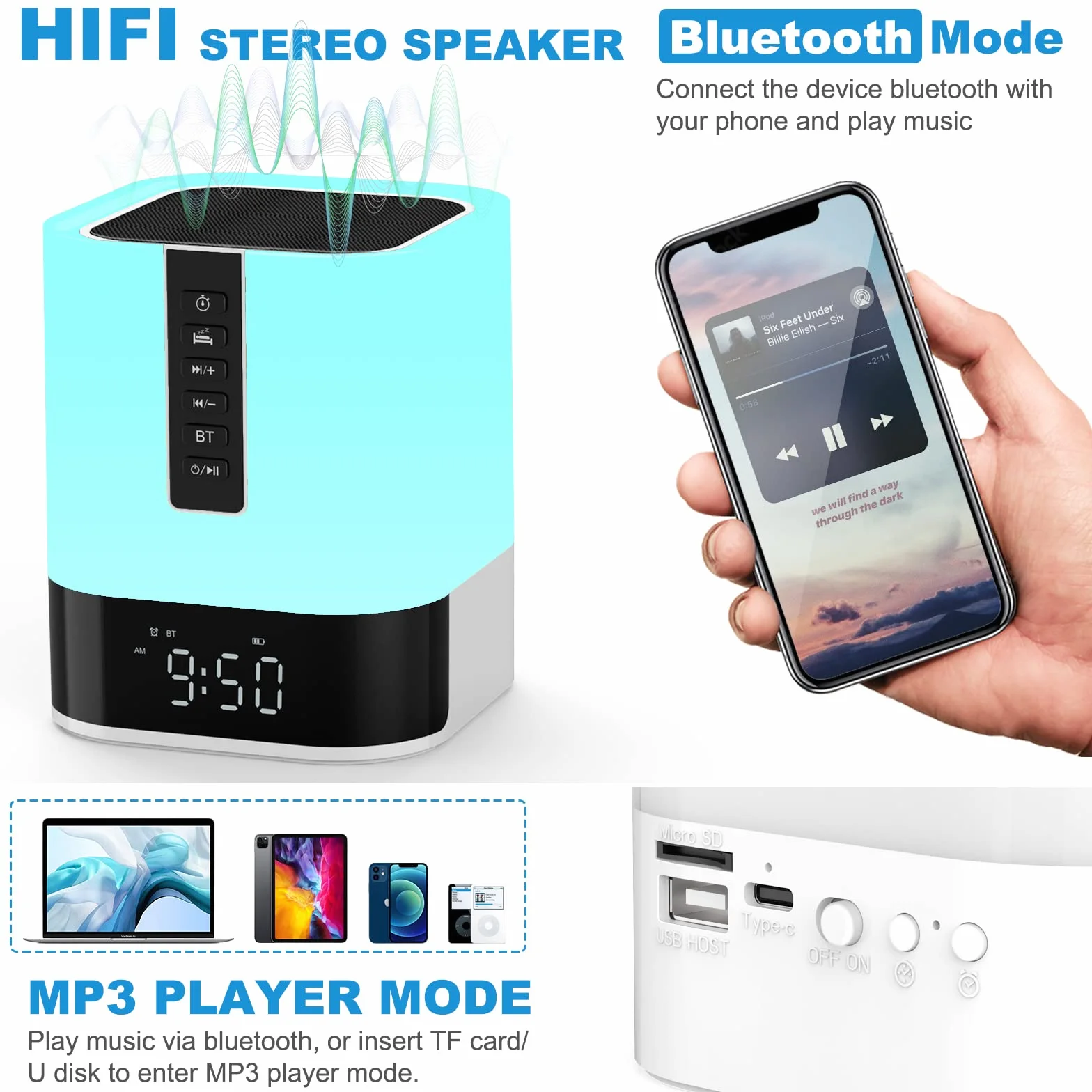 Lampka nocna z budzikiem, głośnik Bluetooth, lampka nocna dla dzieci, lampa dotykowa z dźwiękiem, ściemniana lampa zmieniająca kolor LED do sypialni, prezenty dla nastoletnich dziewcząt chłopców w