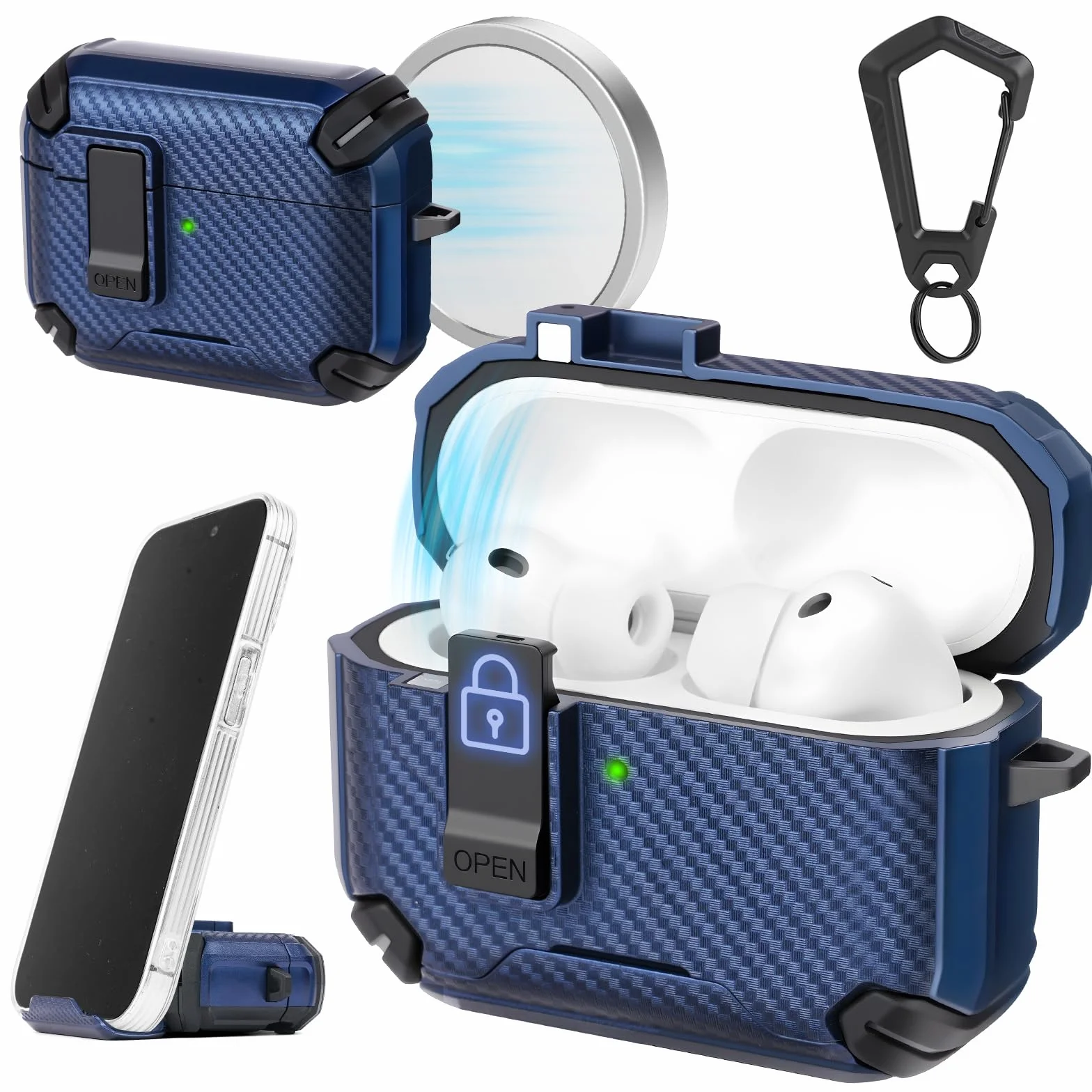 Etui na AirPods-Pro 3, etui magnetyczne typu pop-up, pełna ochrona z karabińczykiem, kompatybilne z, odporne na upadki i zarysowania, bezpieczne zamknięcie, łatwe otwieranie