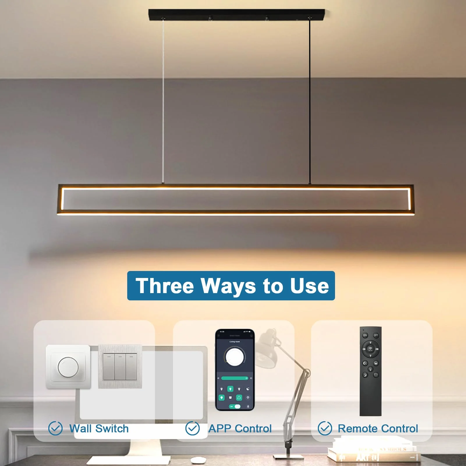 100cm Lampa Wisząca LED 42W Aluminiowa Lampa Stołowa, Regulowana Wysokość Nowoczesna Lampa Wisząca LED Z Funkcją ściemniania 3000K-6500K 10%-100% Jasności Wisząca Z Pilotem I Aplikacją