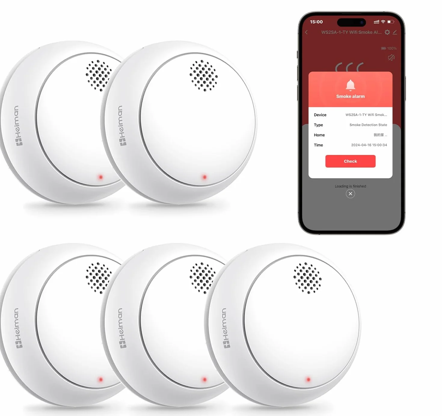 HEIMAN Czujnik dymu WiFi z przyciskiem wyciszenia, standard EN 14604, inteligentny czujnik ognia, WLAN (5), WS2SA-1-TY