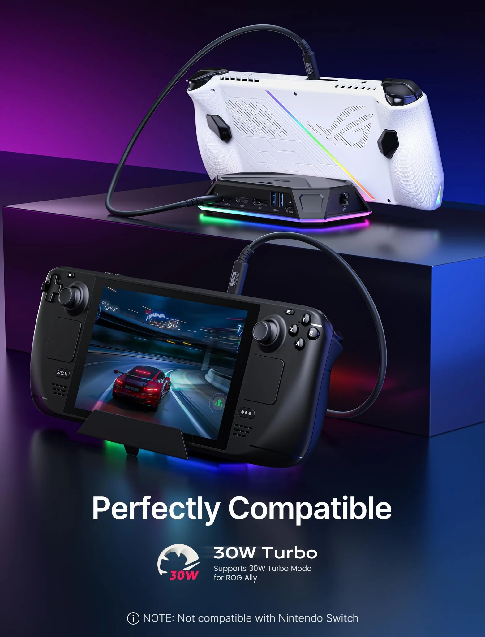 JSAUX Stacja dokująca RGB 12 w 1 do Steam Deck OLED, ROG Ally, Legion Go, 4K 120 Hz HDMI, DisplayPort, Gigabit Ethernet, USB C 3.2, USB A 3.2/2.0, SD/TF, 3.5 mm