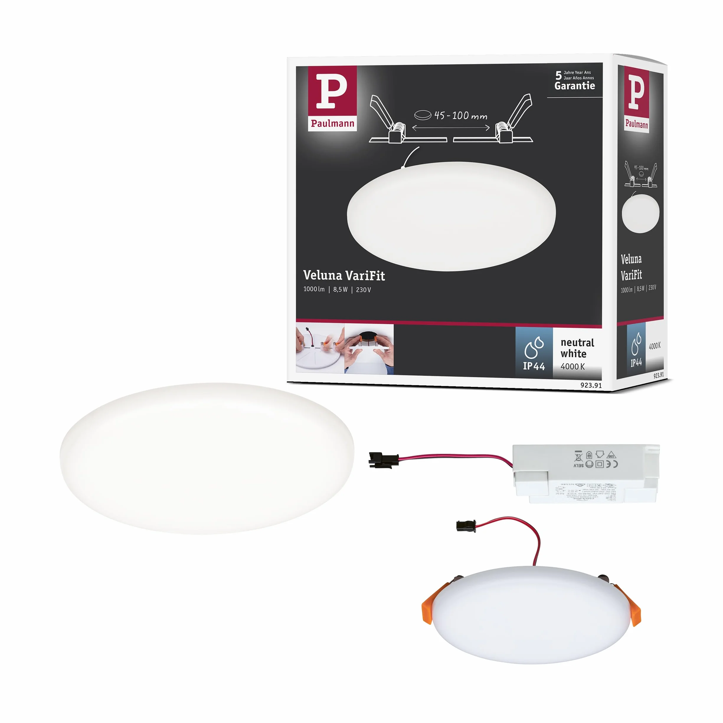 Paulmann 92391 Panel LED, oprawa wpuszczana Veluna VariFit, IP44 125mm okrągła, w kompl. oprawa sufitowa 1x8,5 W satynowa tworzywo sztuczne 4000 K