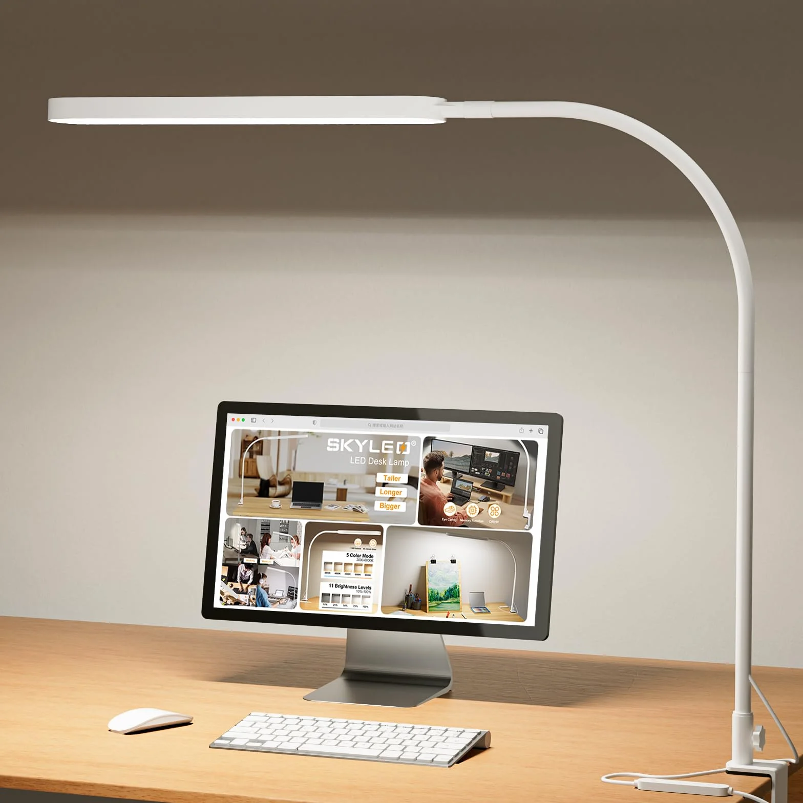 SKYLEO Lampa Biurkowa LED - Lampka Biurkowa 85cm - Sterowanie Dotykowe - 5 Trybów Kolorów X 11 Poziomów Jasności - 1300 lm (112 szt. koralików) - Wyłącznik Czasowy i Funkcja Pamięci - 12W - Biały