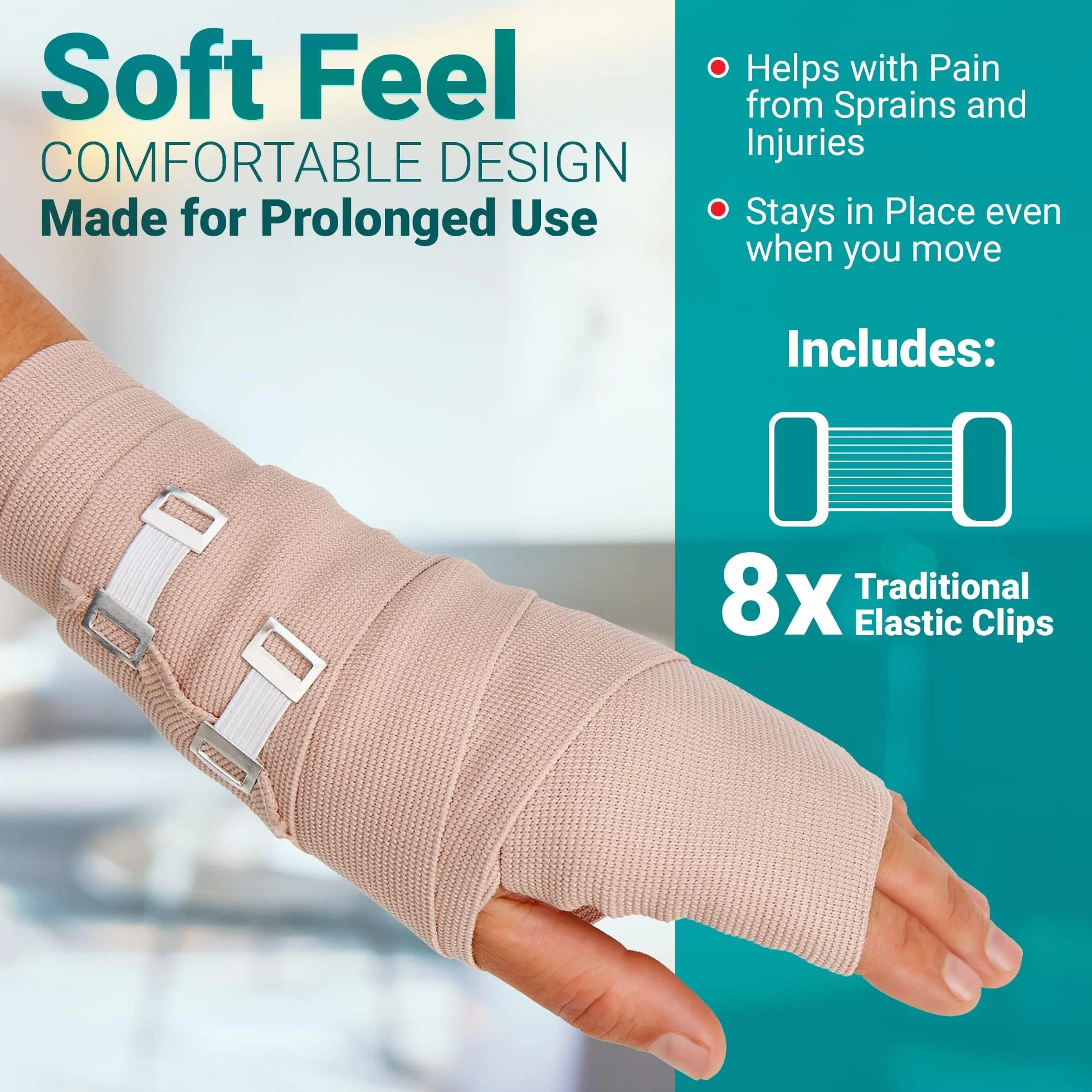 MEDca Elastic Compression Bandage Wrap - First Bandages Roll Measures 2", 3", 4", 6" x 5 Ft z 4 dodatkowymi haczykami - Athletic Sports Stretch Wraps for Ankle, Wrist, Arm & Leg Sprains (Pack of 8)