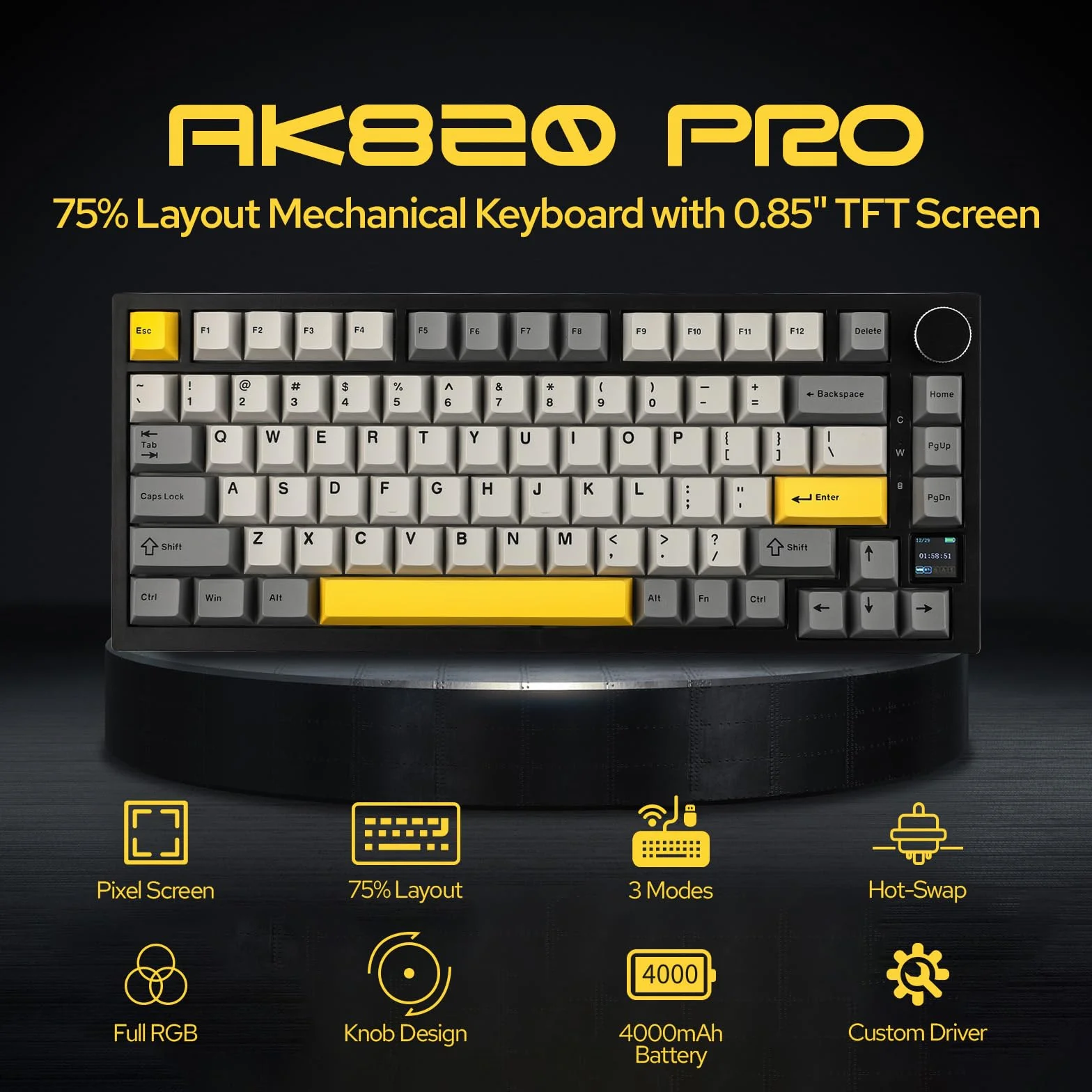 EPOMAKER Ajazz AK820 Pro Gasket klawiatura mechaniczna bezprzewodowa RGB TFT ekran szary