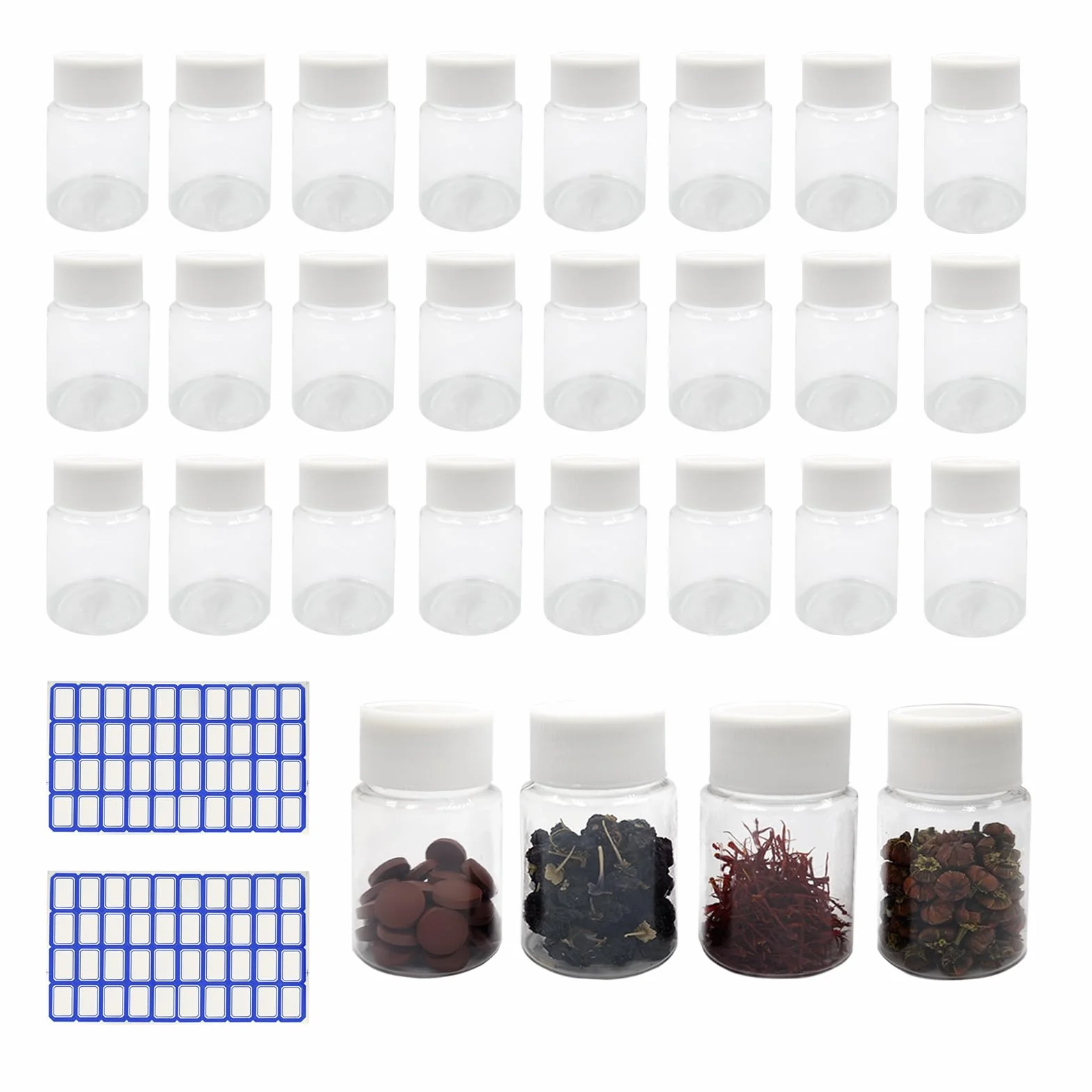 30 szt. 30 ml plastikowych butelek na pigułki z białą zakrętką, przezroczyste, puste butelki podróżne przenośne z 2 arkuszami etykiet (80 szt. naklejek) na tabletki w płynie