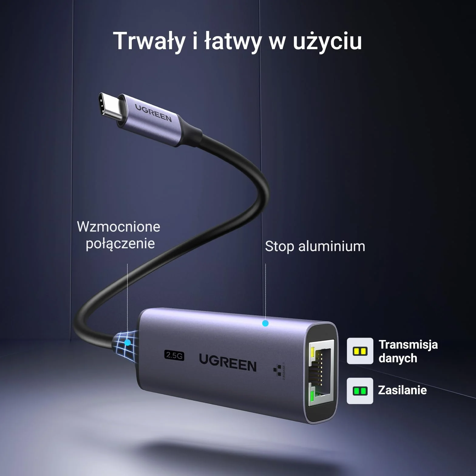 UGREEN USB C 2.5G LAN Adapter Ethernet Adapter RJ45 2500Mbps Adapter sieciowy kompatybilny z iPhone serii 15,iPad Pro/Air,Macbook Pro/Air,laptopem,komputerem PC z systemem Windows 11/10/8,macOS itp.