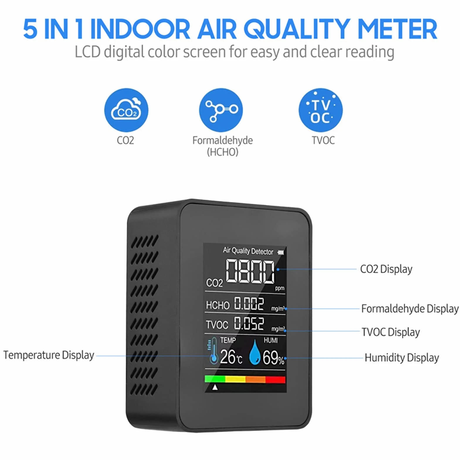 CO2 TVOC HCHO Monitor, Wykrywanie w Czasie Rzeczywistym, Wyświetlacz Ekranu LCD, Kompaktowy Projekt dla Laboratoriów Produkcji Szklarni Rolnictwa
