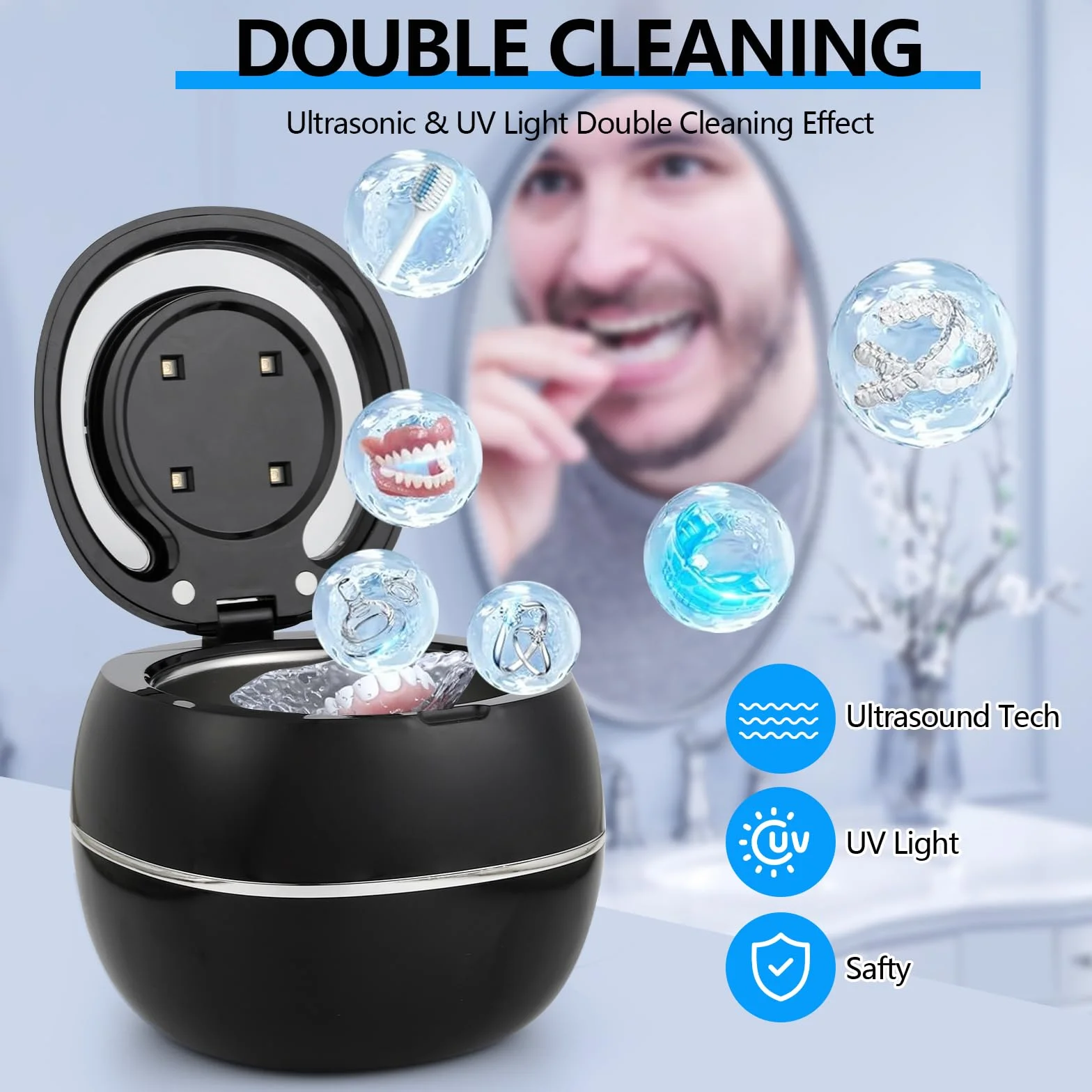 Ultrasoniczne urządzenie do czyszczenia protez, 42000 Hz, 180 ml, ultradźwiękowe urządzenie do czyszczenia UV, 30 W, do protez zębowych, korektorów, ochraniaczy i ochrony jamy ustnej (czarne)