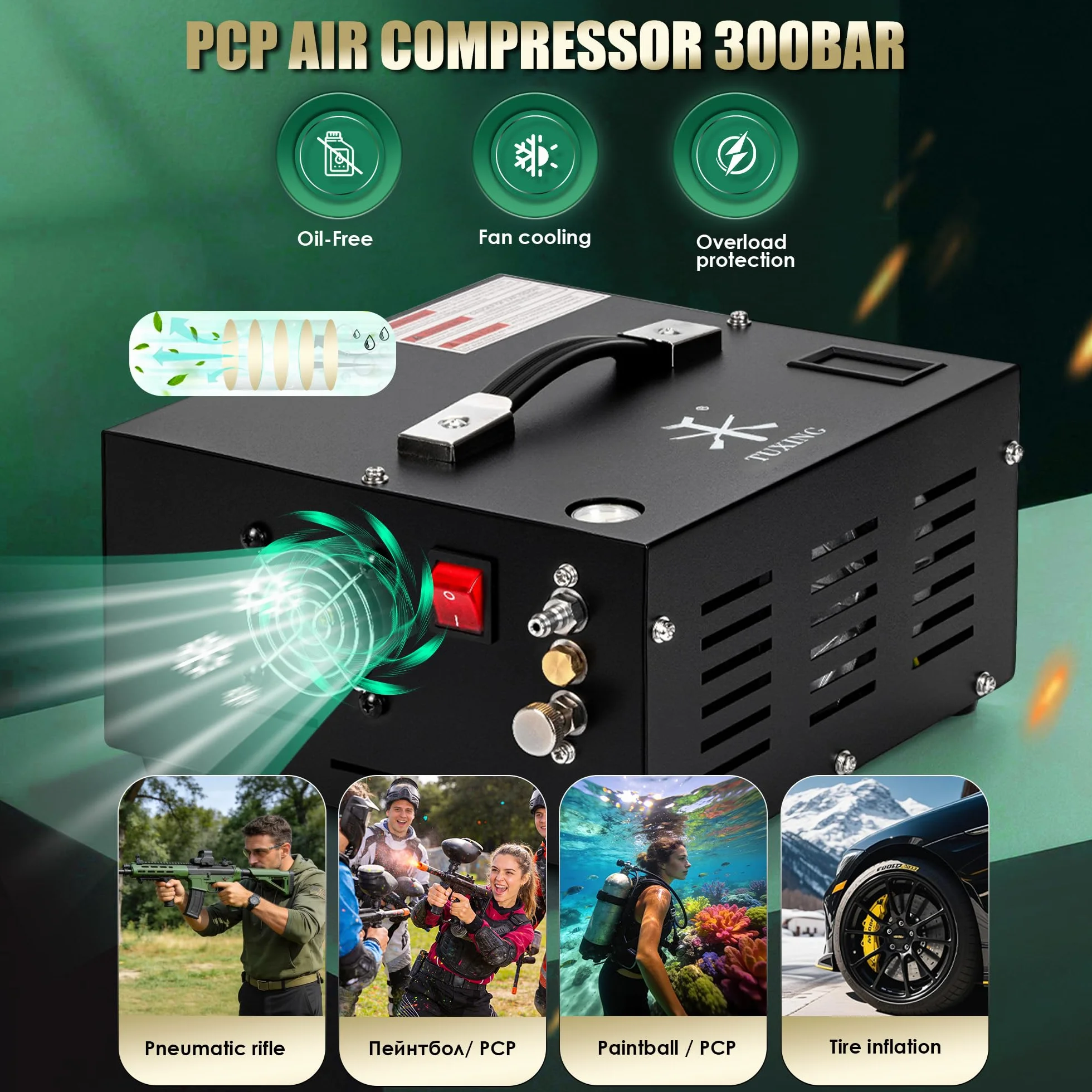 Sprężarka powietrza TUXING PCP 4500Psi 30Mpa bezolejowa 12V 220V pompa do wiatrówek TXES061