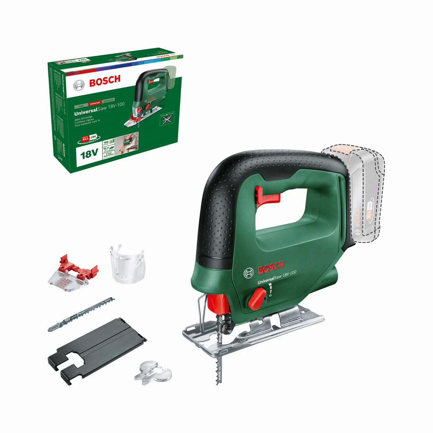 Bosch EasySaw 18V-100, Wyrzynarka akumulatorowa (bez akumulatora, system 18V, opakowanie kartonowe), Zielona