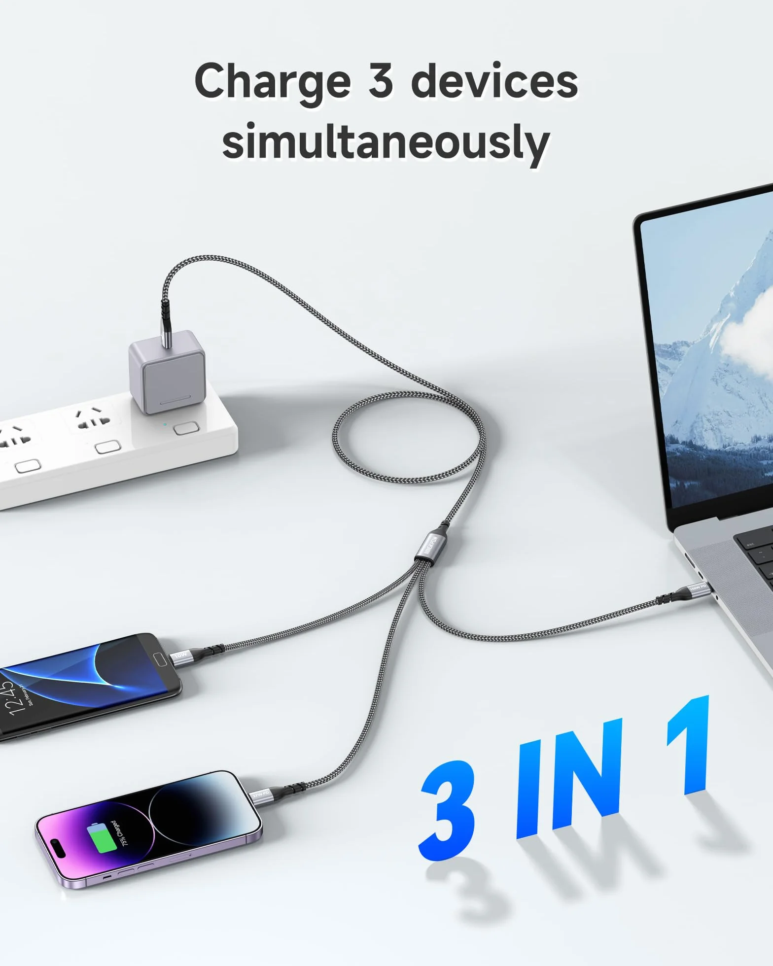 3 w 1 kabel do szybkiego ładowania USB C 100 W 1,2 m dla iPhone 16/15/14, Galaxy S24/S23, Huawei, MacBook