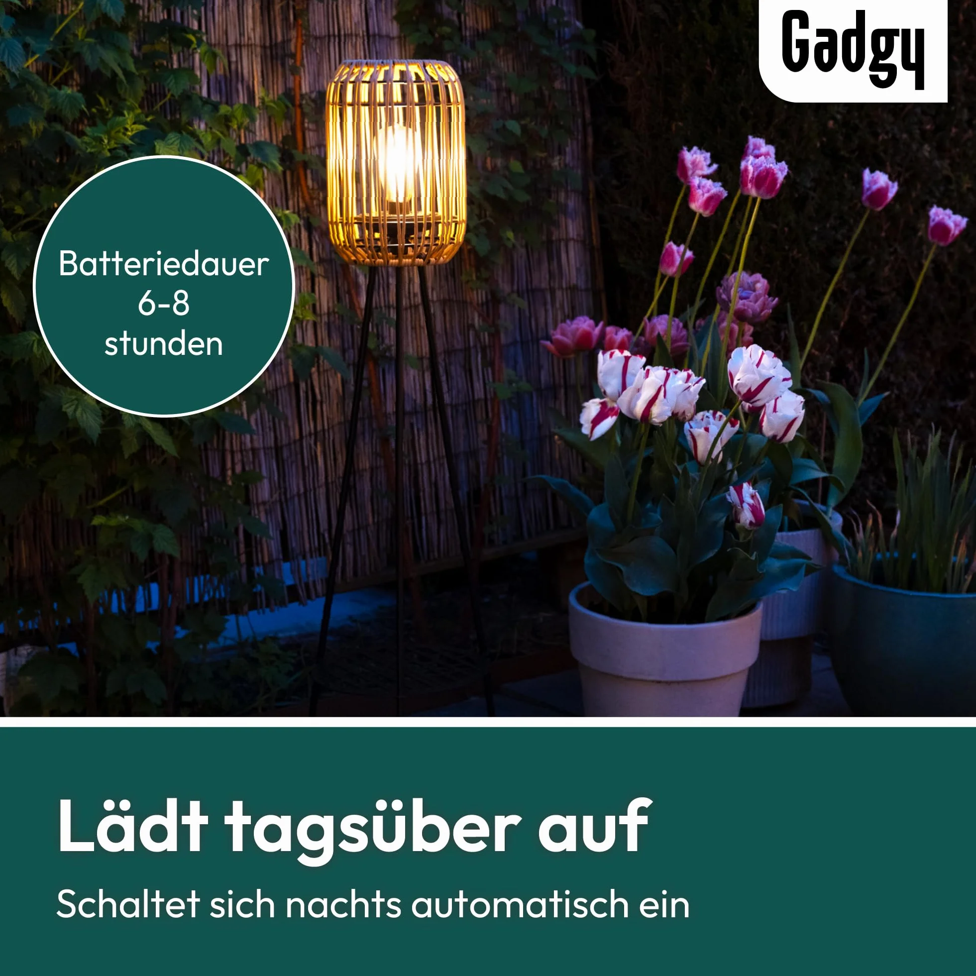 Gadgy Lampa Stojąca Solarna Na Zewnątrz - Rattanowa LED Na Trójnogu, Wodoodporna Lampa Ogrodowa Do Balkonu, Tarasu i Patio, Zrównoważone Dekoracyjne Oświetlenie Zewnętrzne