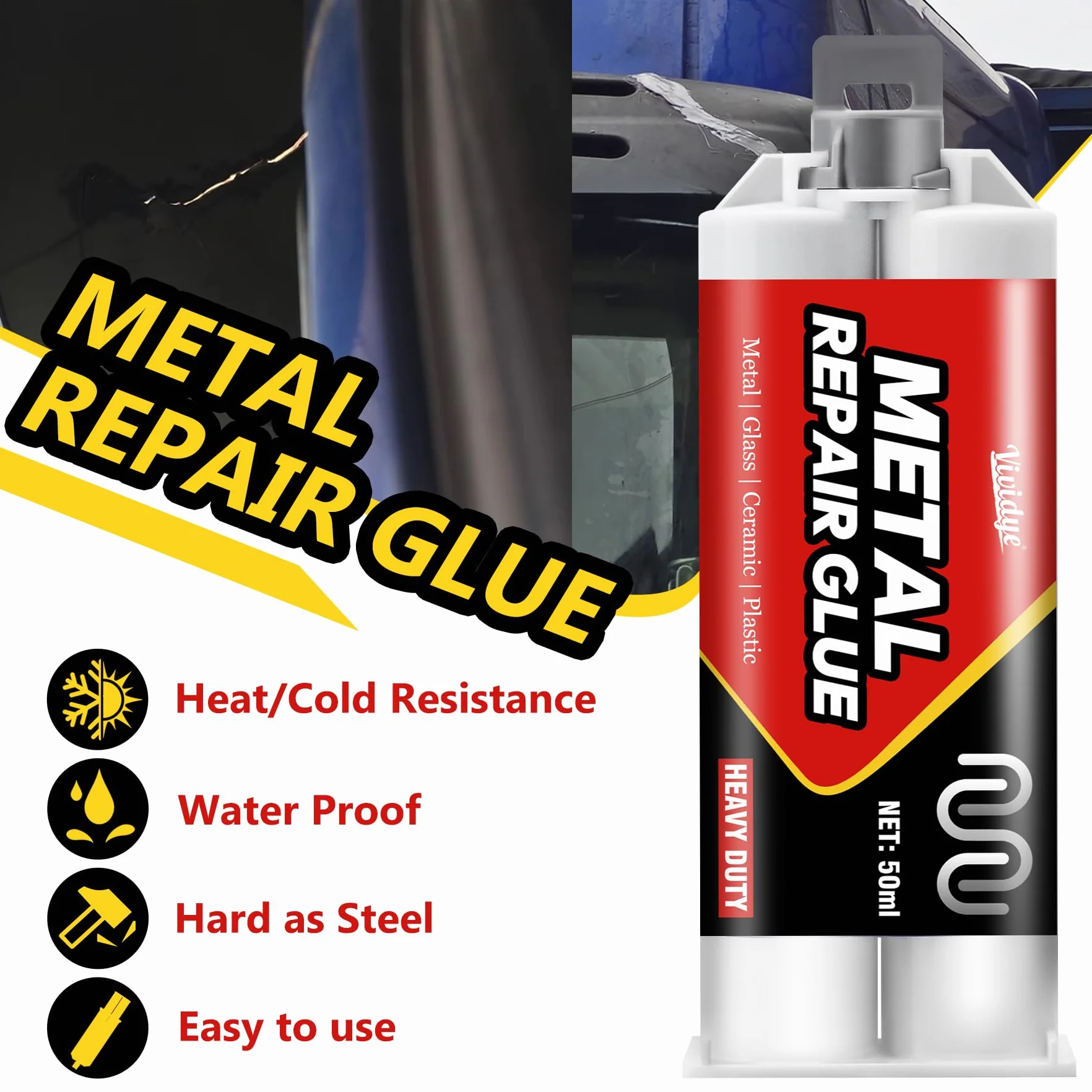 Klej do metalu, ekstra mocny 100 ml, klej 2K ciekłego metalu, odporny na wysokie temperatury klej do spawania ze stali nierdzewnej, stali ocynkowanej, stopu aluminium, miedzi, szkła, ceramiki i "zrób