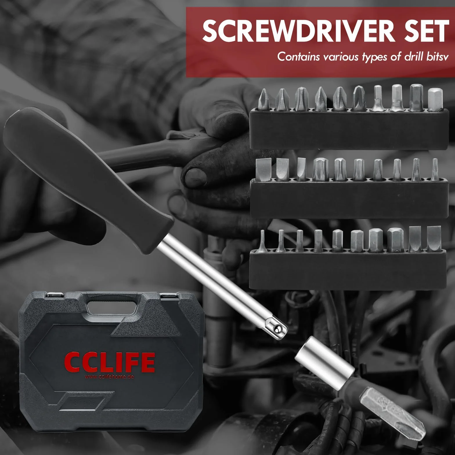 CCLIFE 187-częściowy zestaw nasadek Cr-V 1/2" 1/4" 3/8" 72 zęby