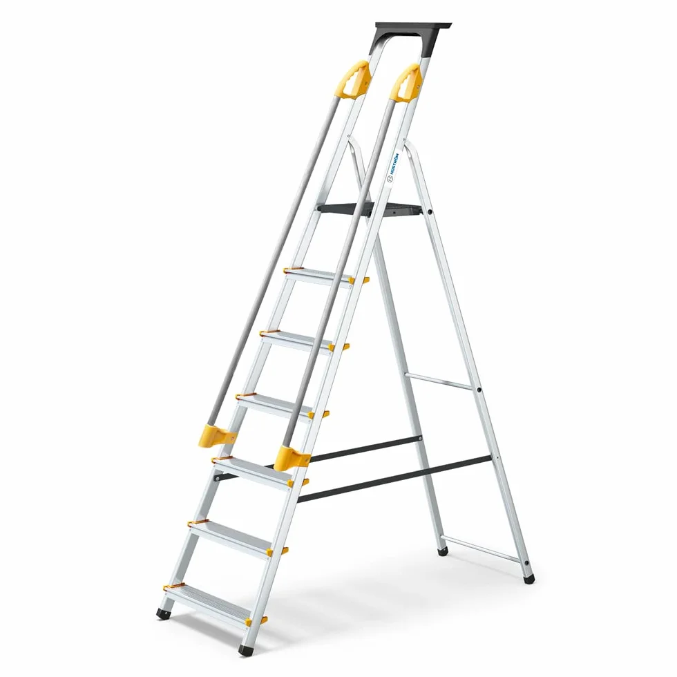 HOSTROM 7-stopniowa drabina DURAMP z rampami, półka na narzędzia, aluminiowy podnóżek, wysokość platformy 140 cm, 5 lat